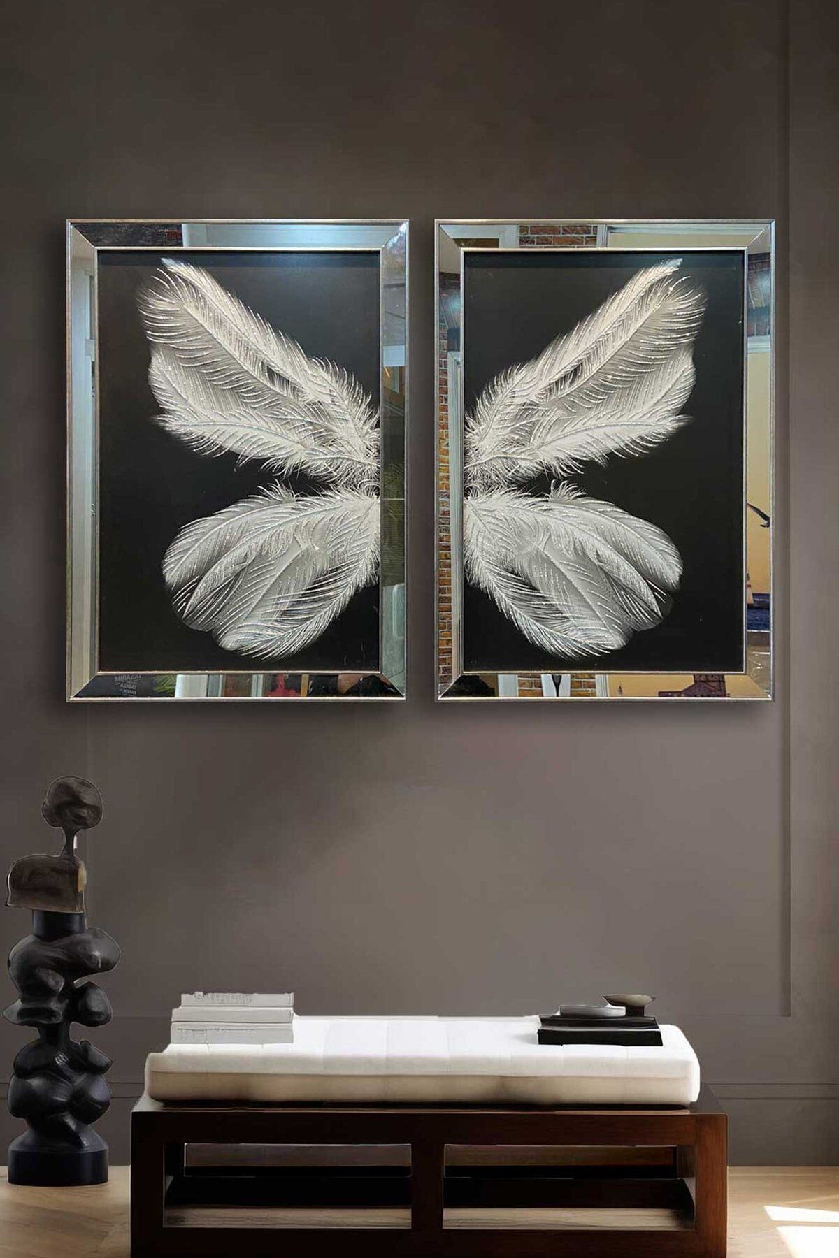 Voovart Çerçeveli Gümüş Aynalı Doku Kabartmalı Tüyler Kanvas Tablo 2'li SET ( 100x70cm ) - ART1083