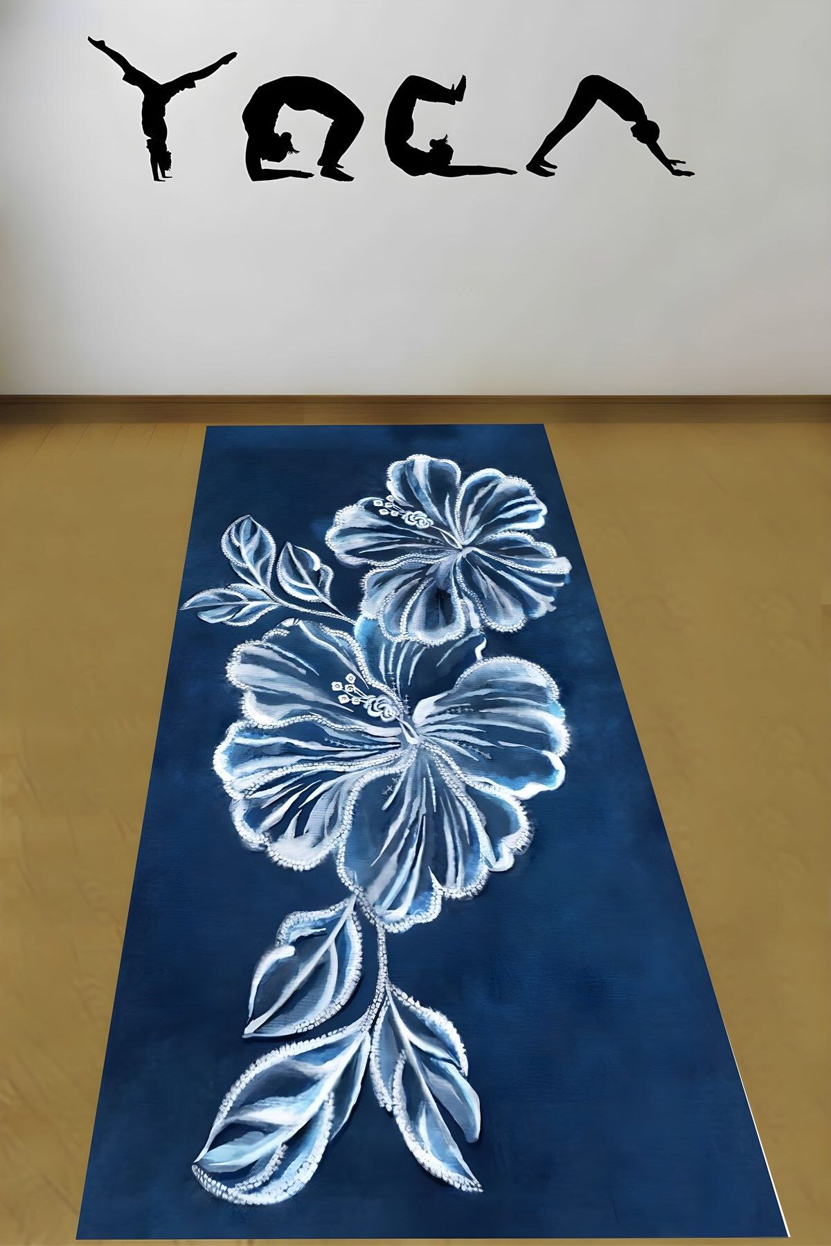 on the clouds Lacivert Zemin Çiçek Desenli Minimal  Yıkanabilir Kaymaz Taban Leke Tutmaz Yoga Matı Pilates Minderi