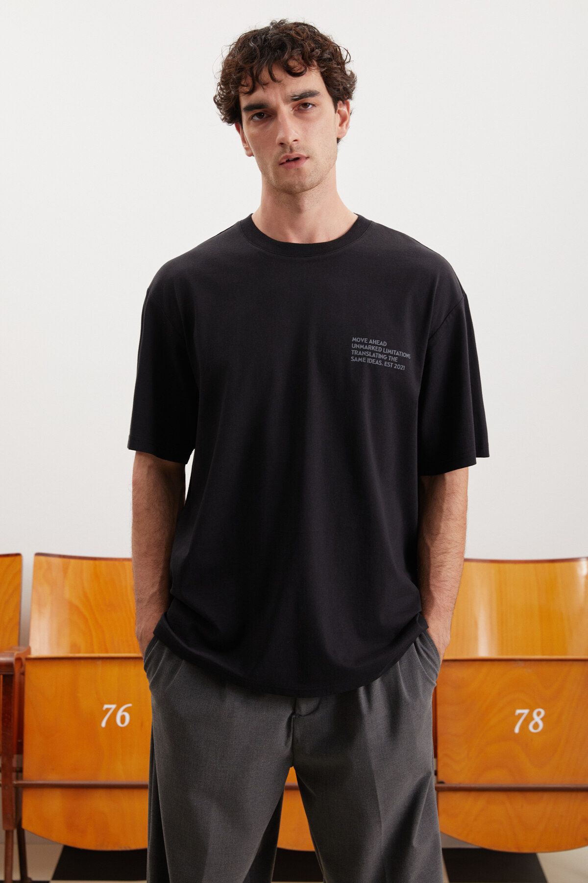 GRIMELANGE Darell Erkek Oversize Fit %100 Pamuk Kalın Dokulu Baskılı Siyah T-shirt