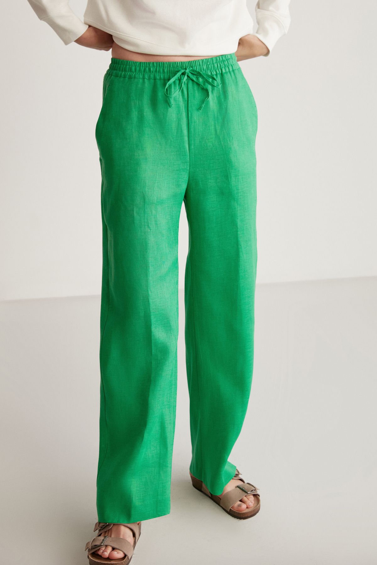 GRIMELANGE Sadıe Kadın %100 Keten Relaxed Kalıp Beli Lastikli Yeşil Pantolon