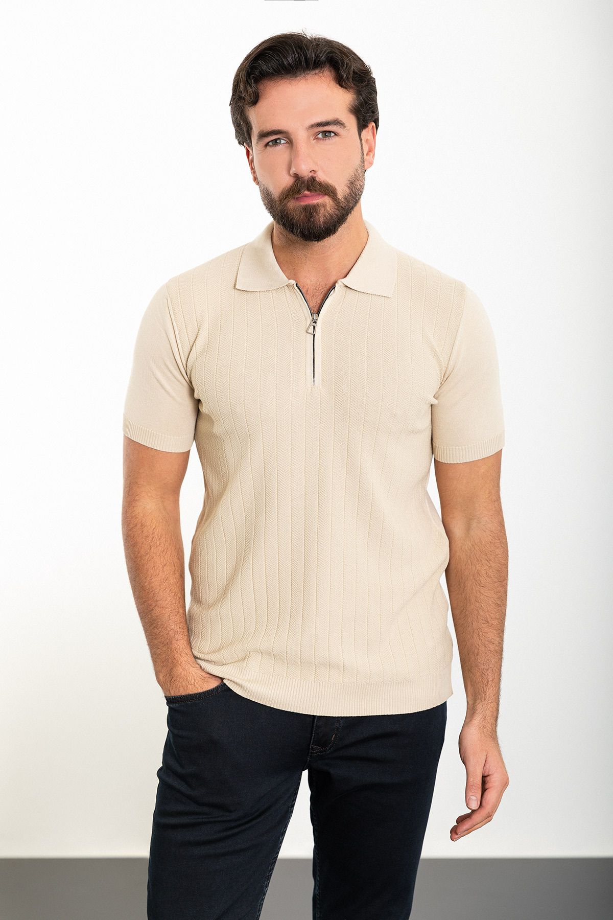 Mcr Desenli Bej Slim Fit Fermuarlı Polo Yaka Erkek Triko T-shirt