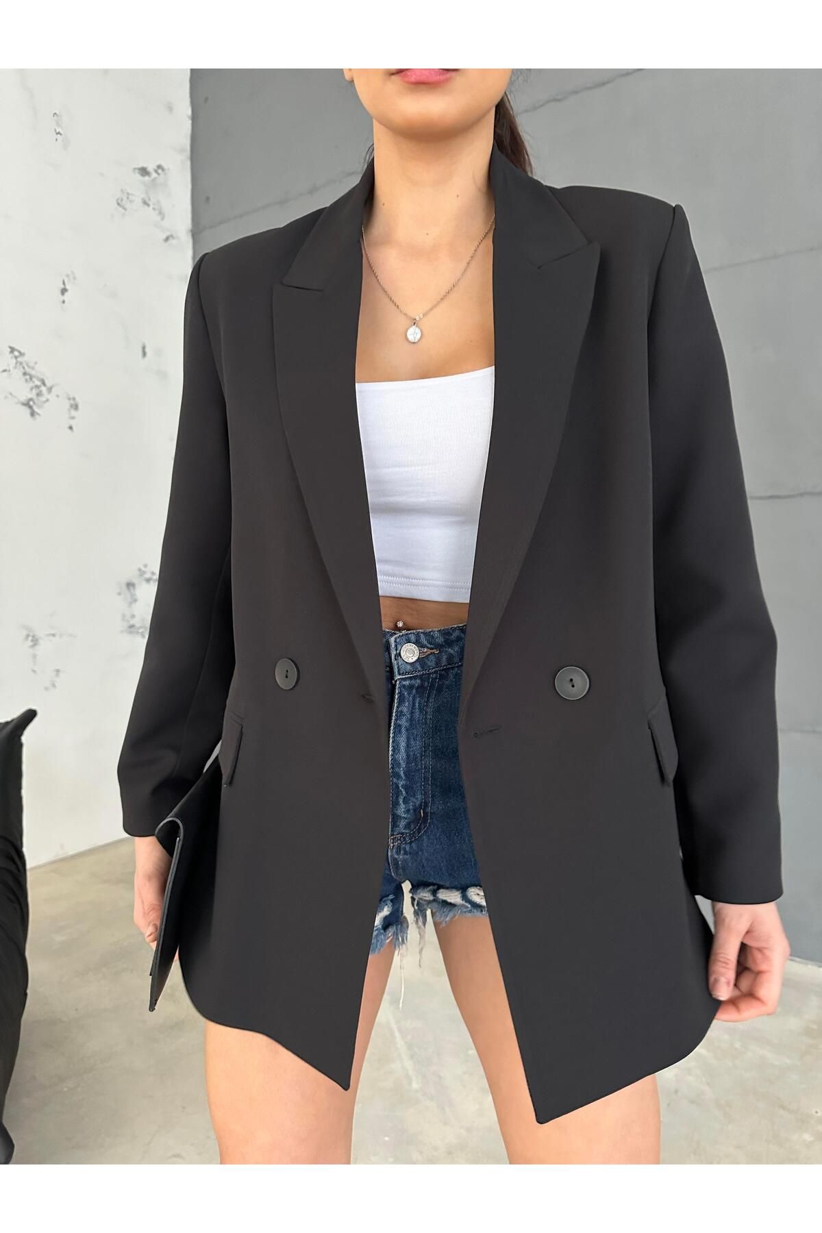 MALDİA SHOP Kadın Double Kumaş Astarlı Siyah Blazer Ceket