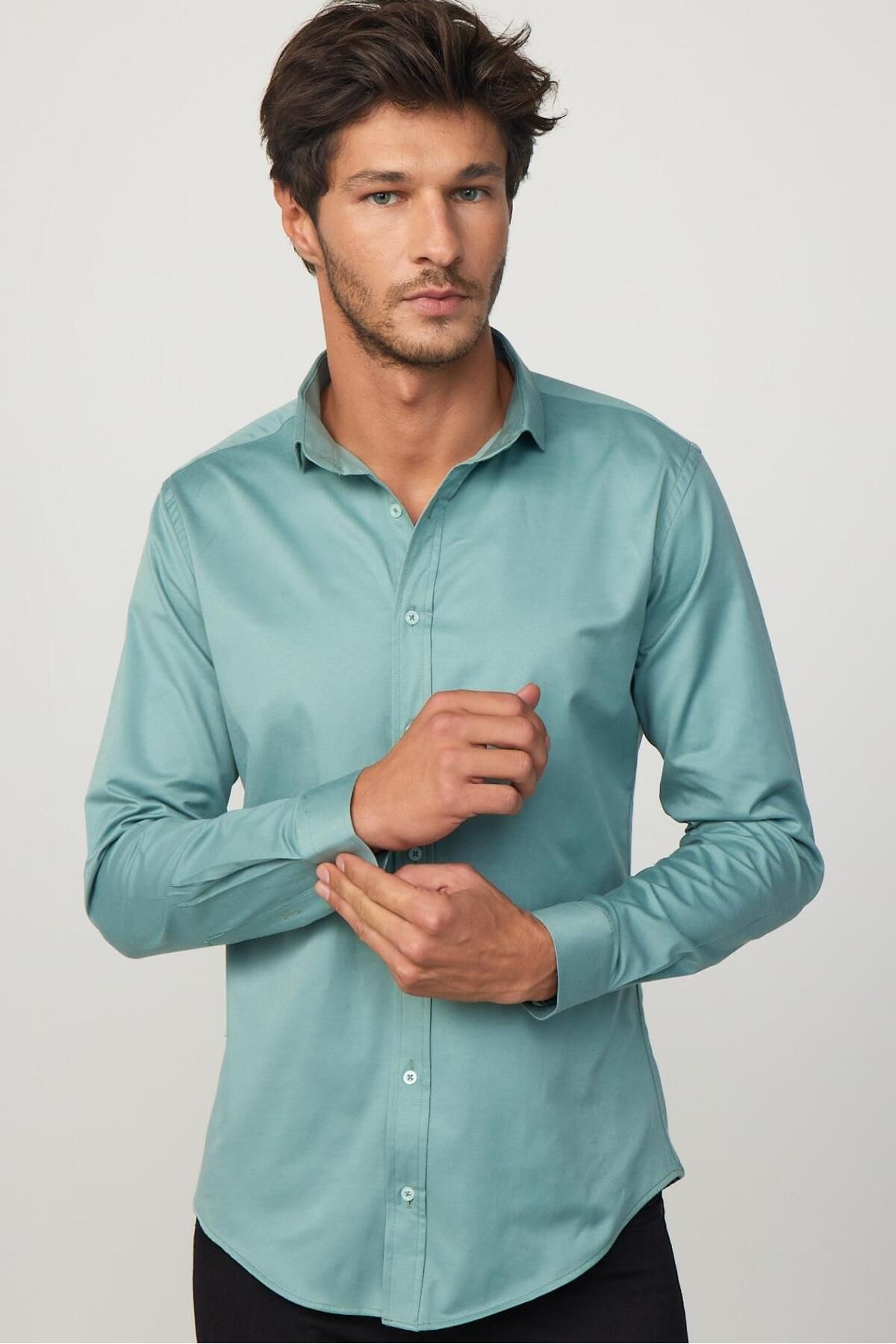 Tudors Slim Fit Uzun Kollu Likralı Düz Pamuk Saten Yeşil Erkek Gömlek