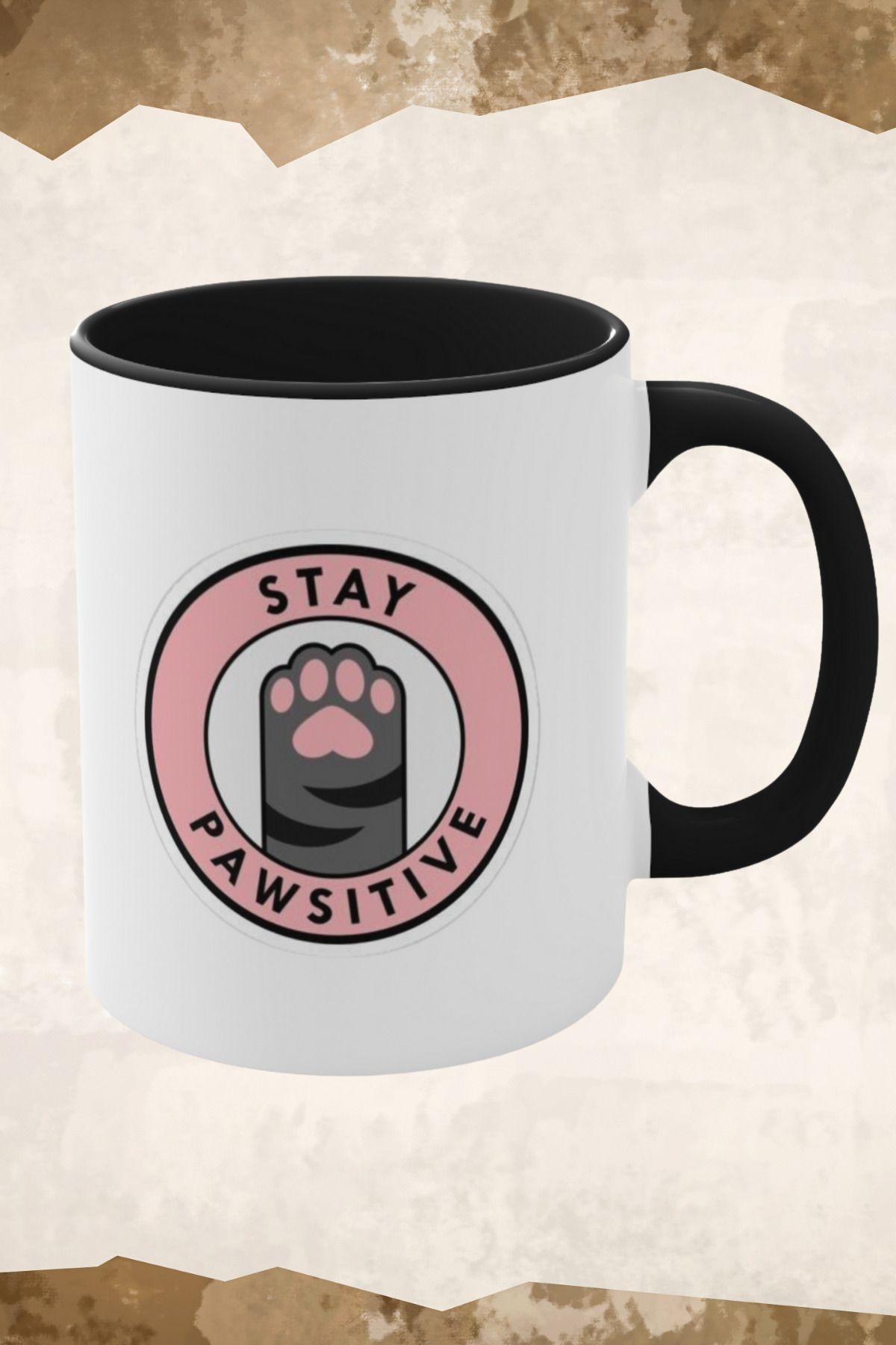 Glaze Baskı Kedi Patisi Desenli Kedili Siyah Seramik Kahve ve Çay Kupa Bardağı