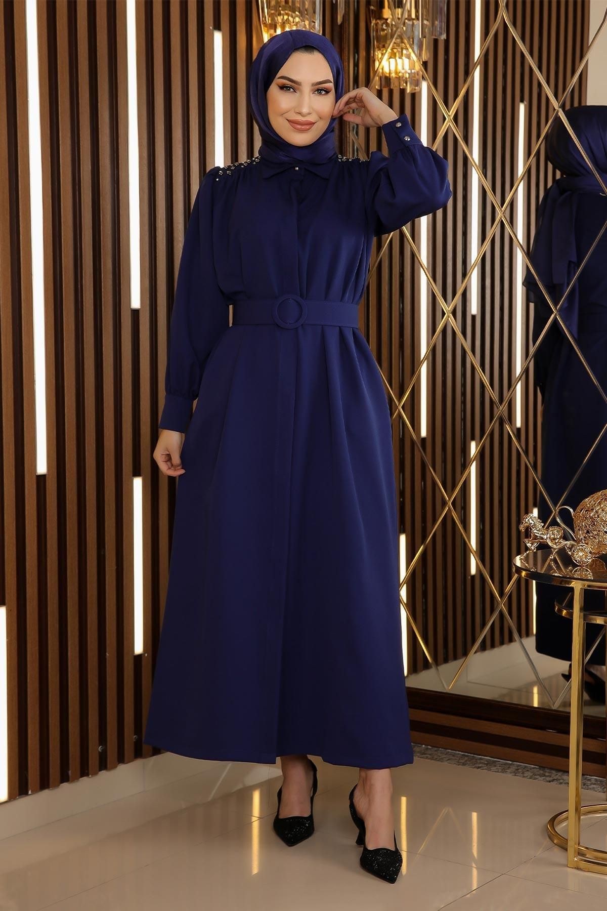 ModaMihram Taş Detaylı Kemerli Elbise Indigo 19115