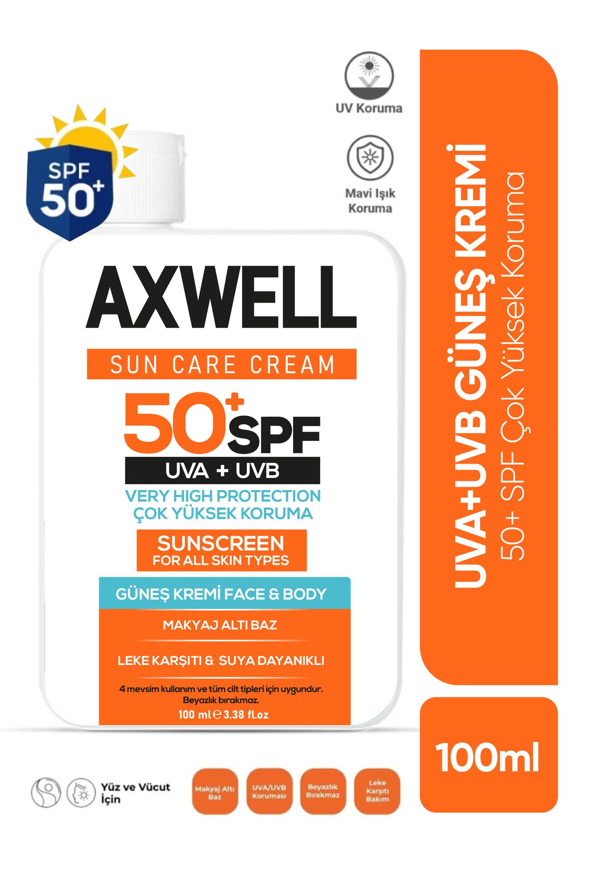 AXWELL Sun Care Cream Leke Karşıtı Güneş Kremi Çok Yüksek Koruma 50+ Spf 100 ml