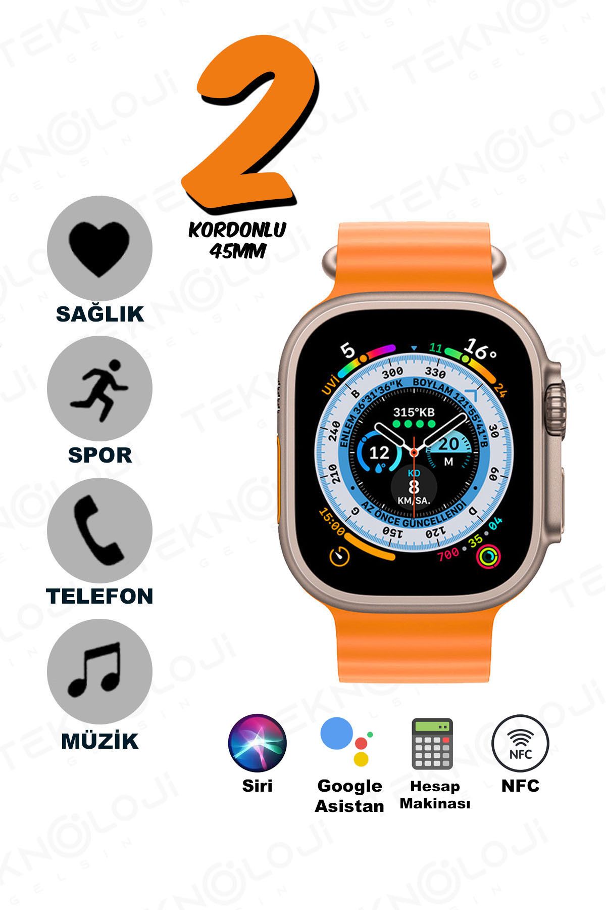 Teknoloji Gelsin Watch Ultra 8 Plus Akıllı Saat 49 Mm Vidalı Kordon Kilitli Çift Kordon 2.2inç Nfc Siri Kablosuz Şarj