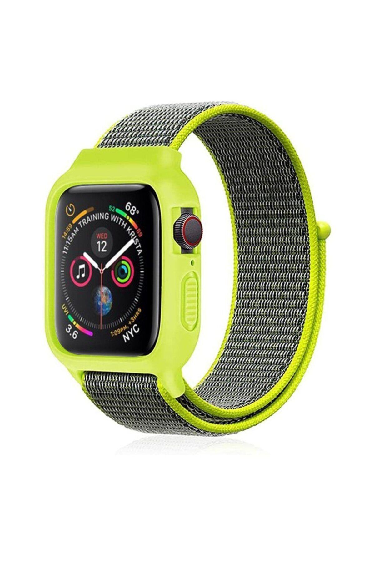 Lisinya Apple Watch 44mm Hasırlı Cırtcırtlı Kasalı Kordon - Ürün Rengi : Sarı-Lacivert - Lisinya