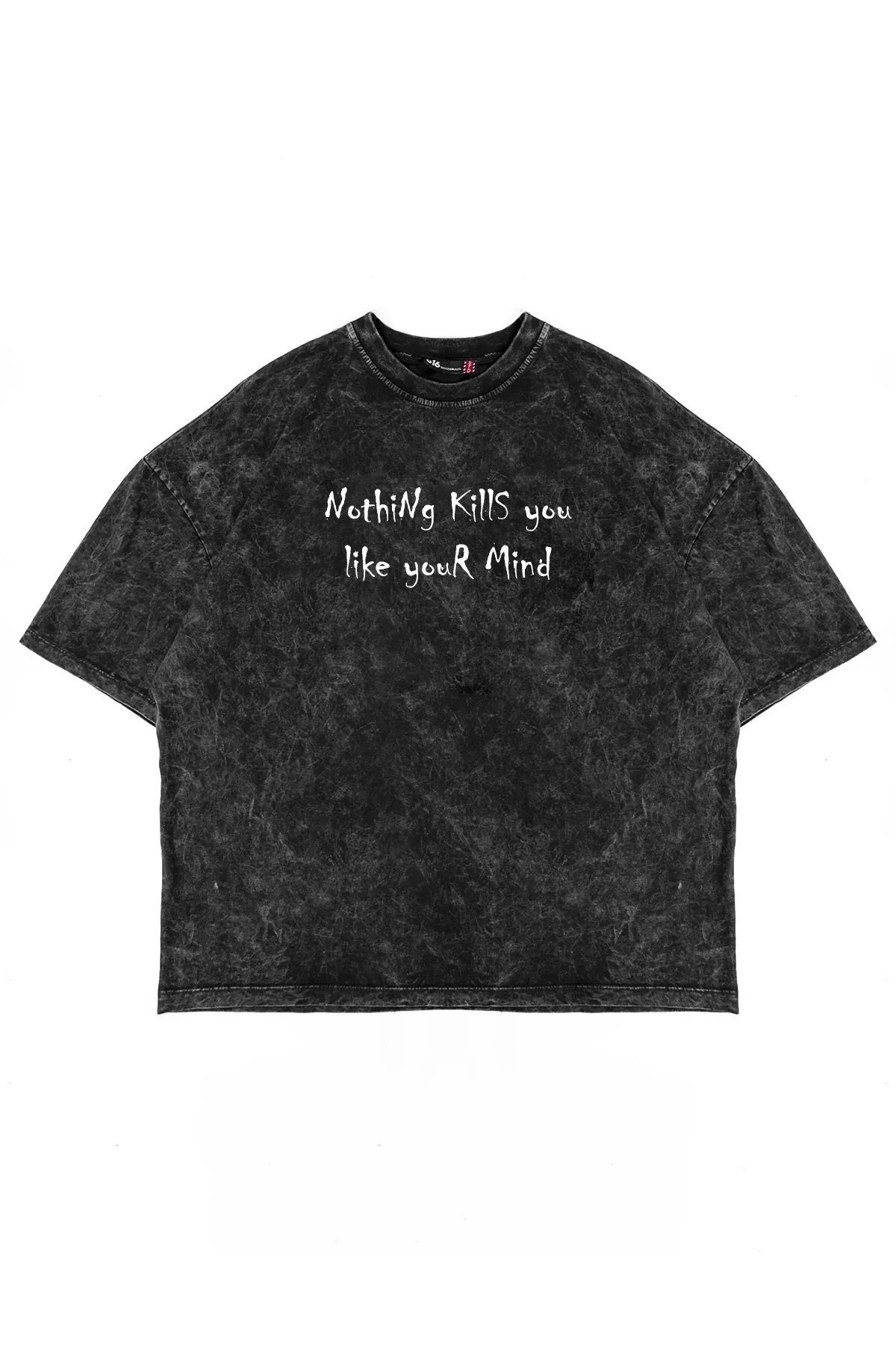 Sekizbiraltı Nothing Kills You Baskılı Oversize Unisex Yıkamalı Siyah Tshirt