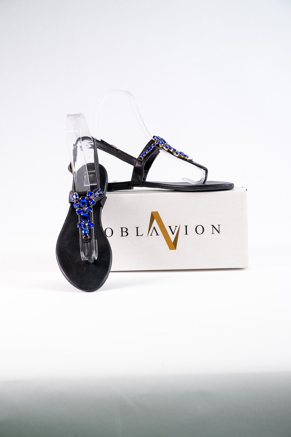 Oblavion Lavion Yeni Sezon Hakiki Deri Siyah Mavi Günlük Taşlı Kadın Sandalet