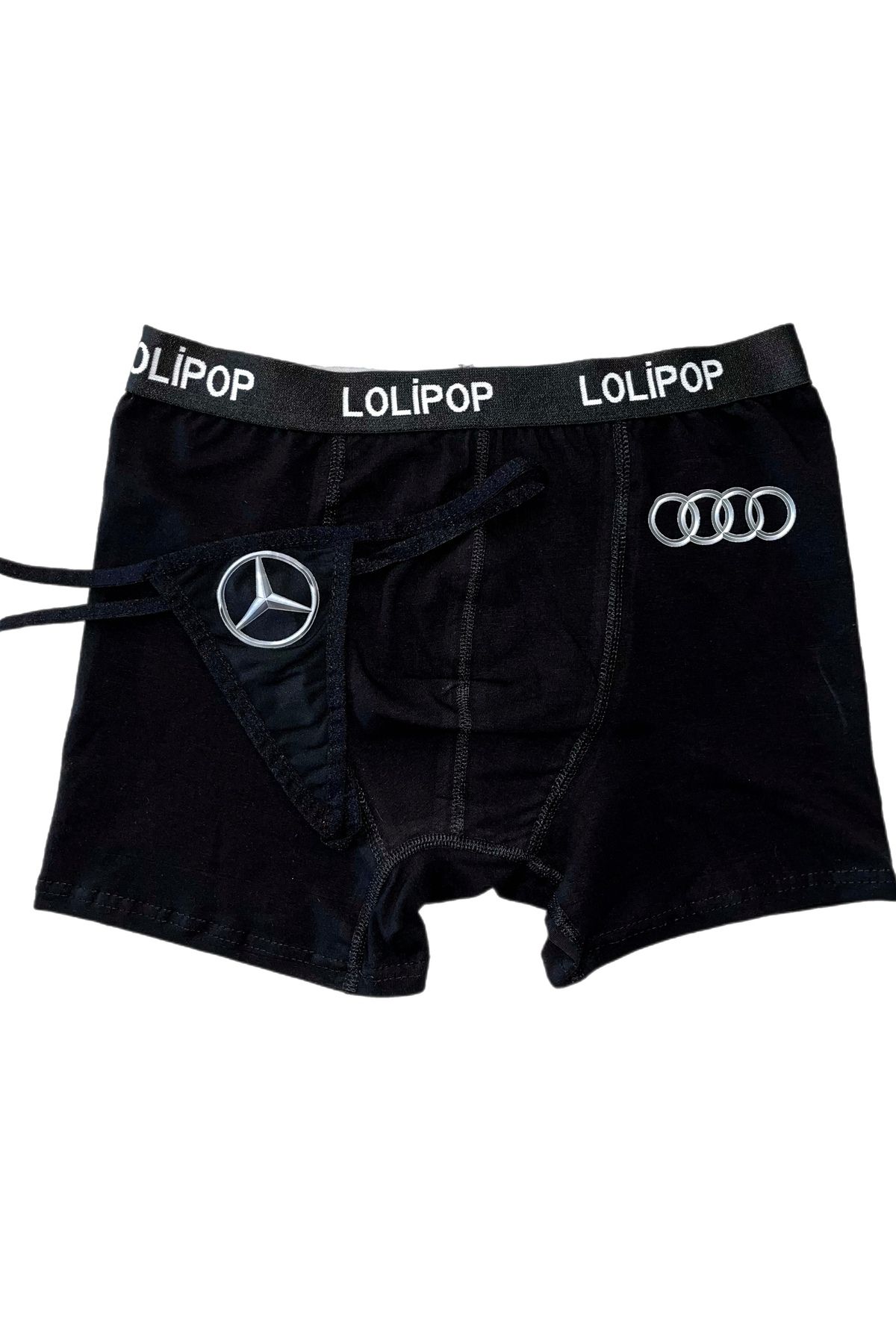 Lolipop Butik Mercedes Audi Logo Baskılı Boxer & Tanga Çift Set