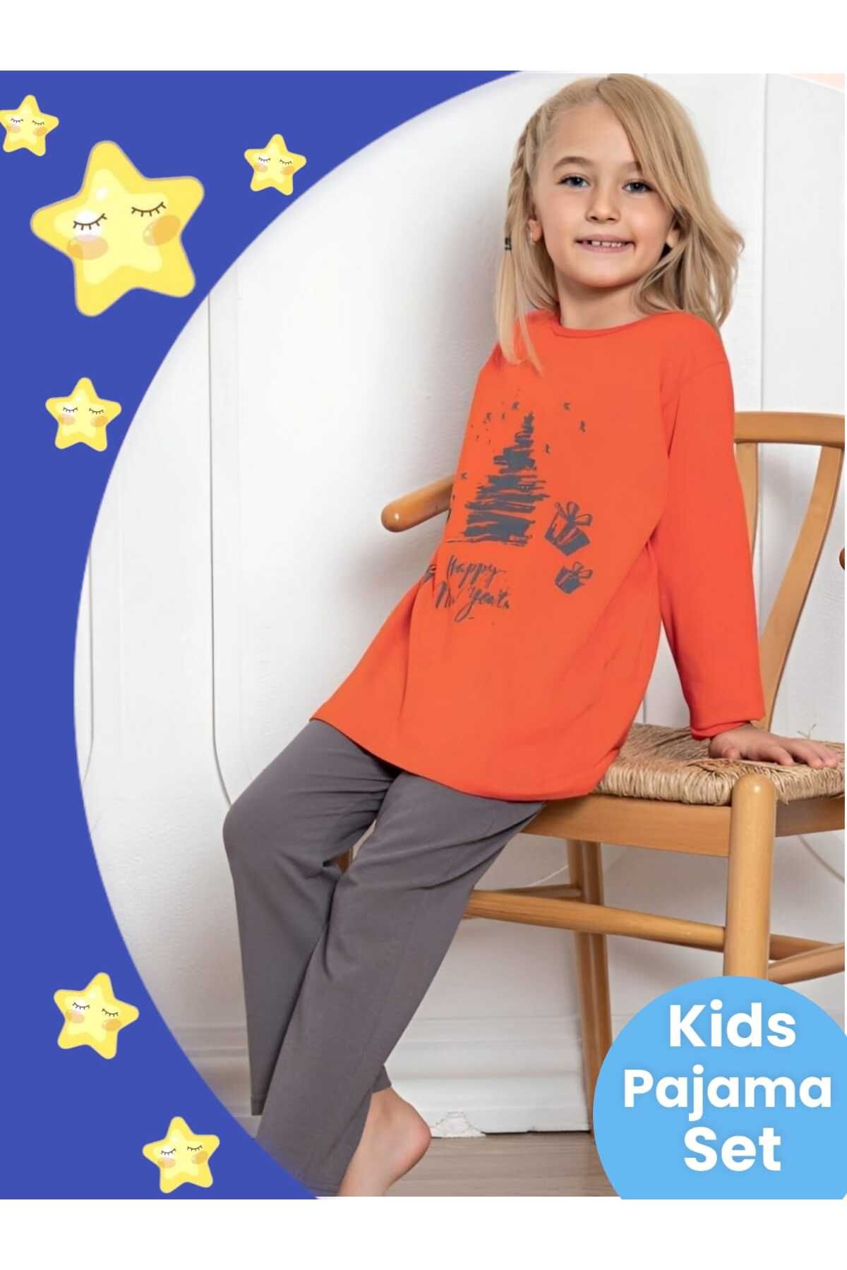 Uniquerrs Kız Çocuk Pamuklu Uzun Kollu Desenli Pijama Takımı
