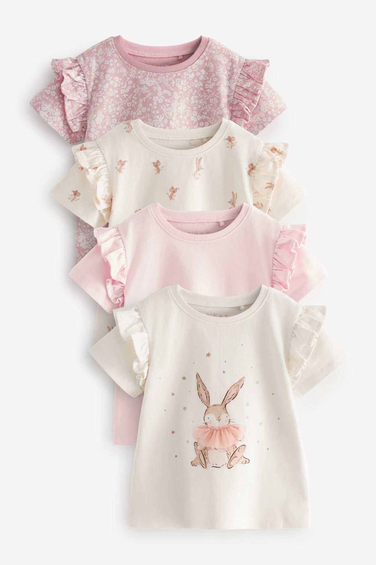 Next Baby % 100 Pamuklu Pembe Krem Tavşan Desenli Kısa Kollu 4’lü Tshirt Set