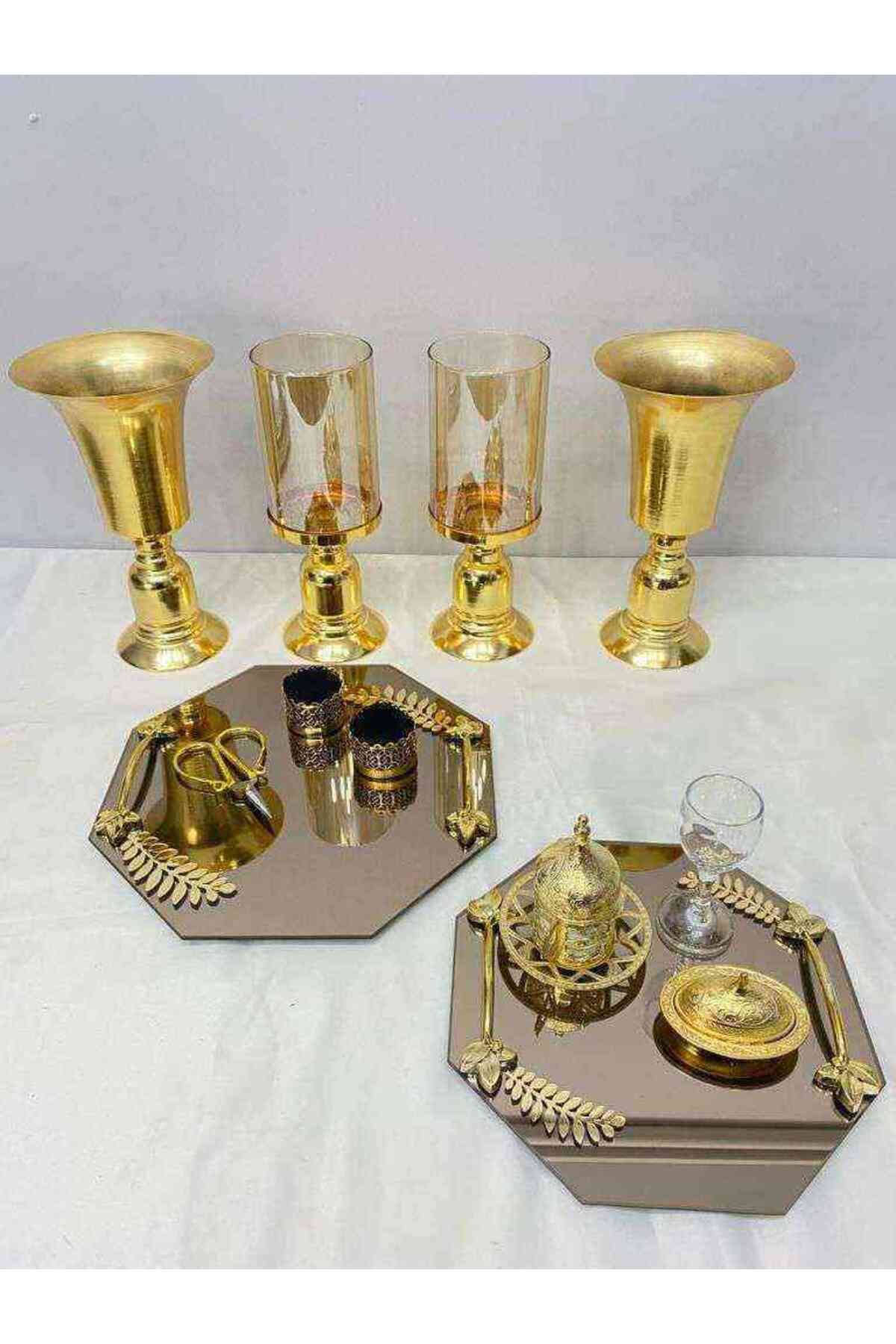 RetroLazer Yüzük Tepsisi Ve Damat Kahvesi Ikili Set Tepsi Vazo Şamdan Gold Nişan Söz