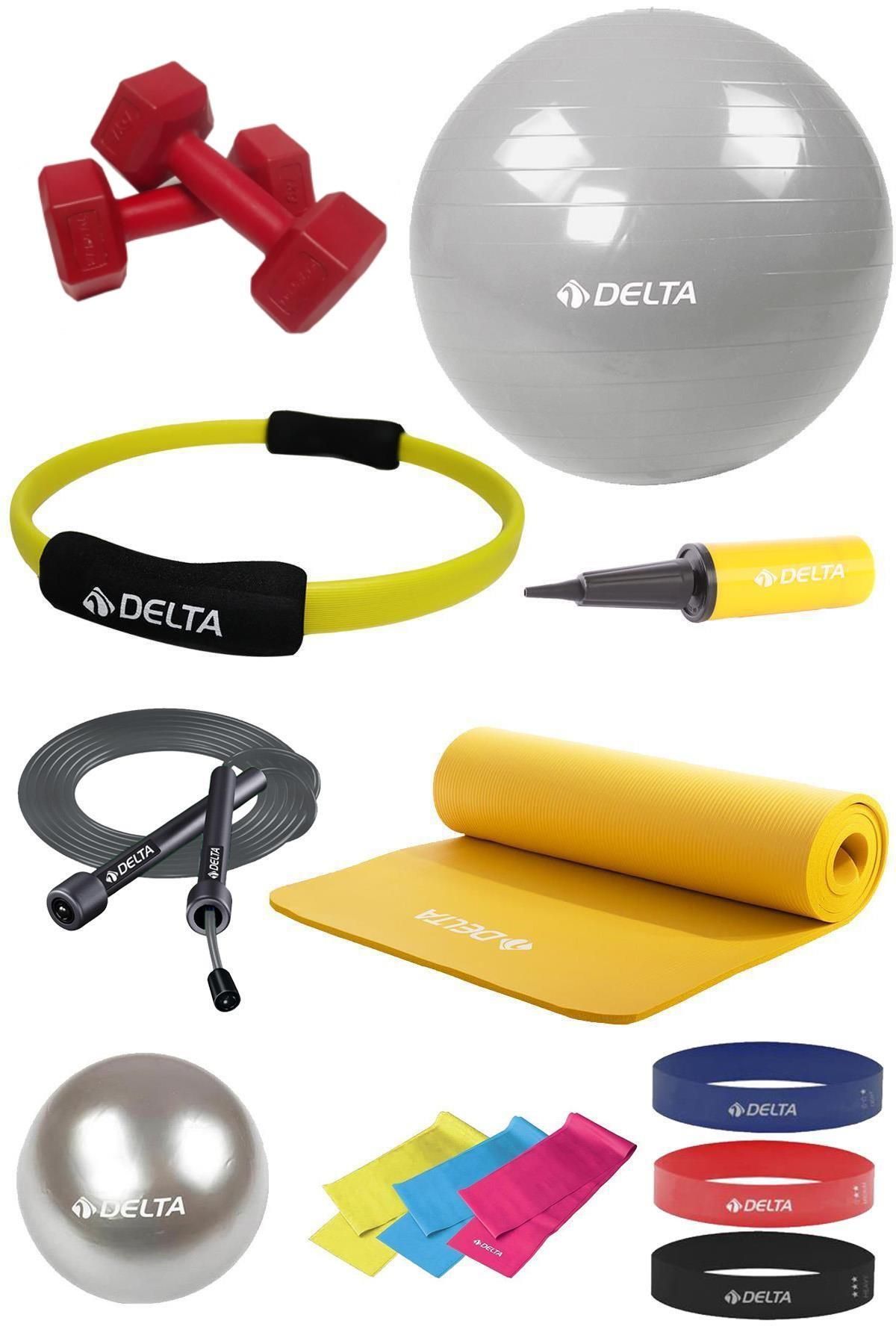 Delta 14 Parça Pilates Seti 85 Cm Topu 15 Mm Minderi Çemberi 6 Direnç & Squat Bandı 1 Kg Dambıl atlama ipi