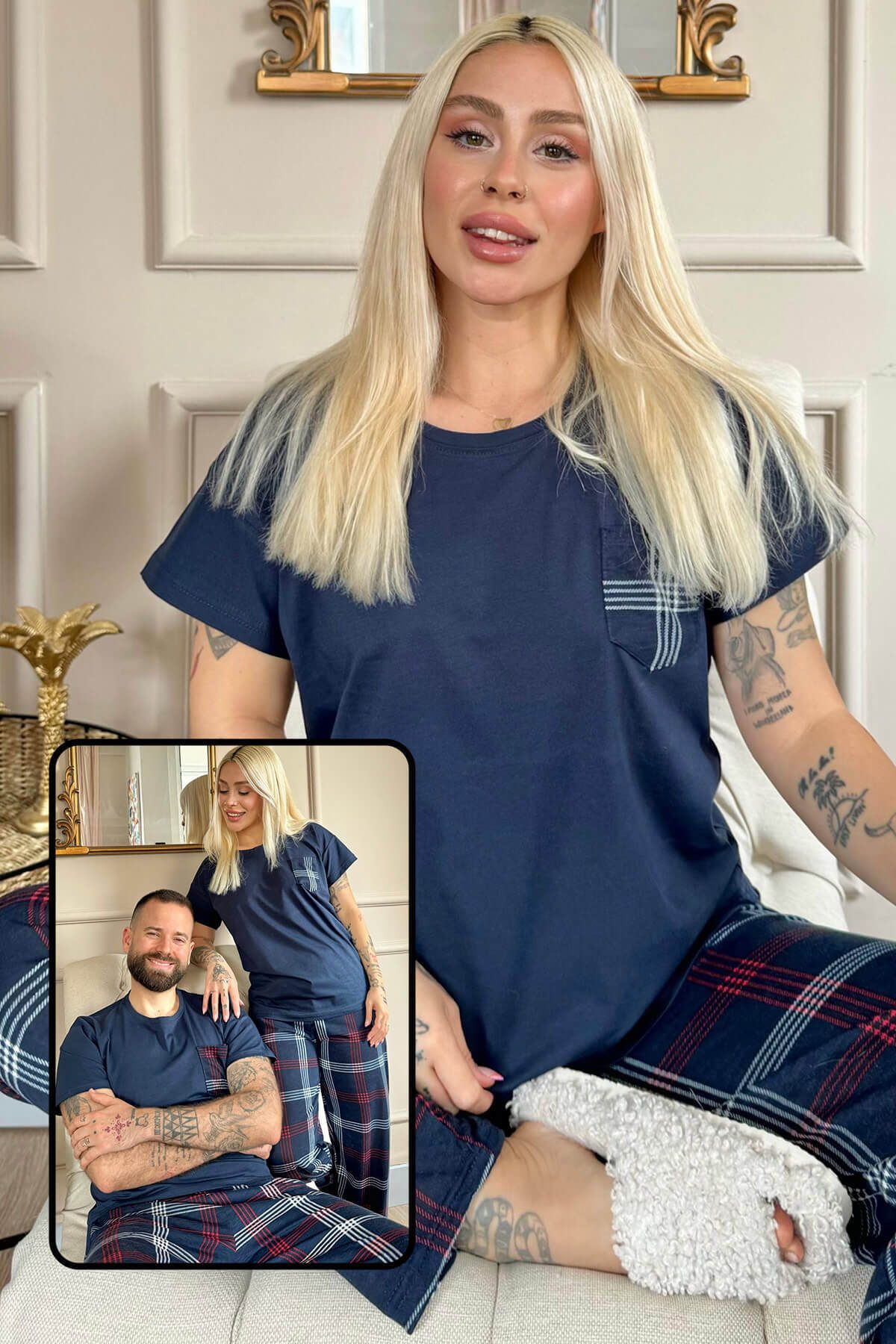 Pijamaevi Lacivert Cep Detay Kısa Kol Sevgili Aile Pijaması - Kadın Takımı