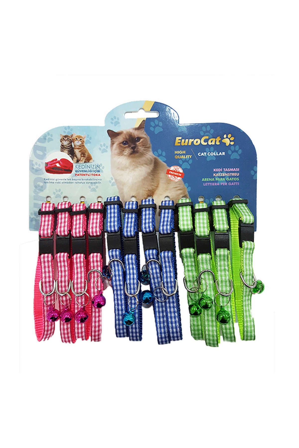 Eurocat Renkli Ekoseli Çıngıraklı Kedi Boyun Tasması 12'li 106008