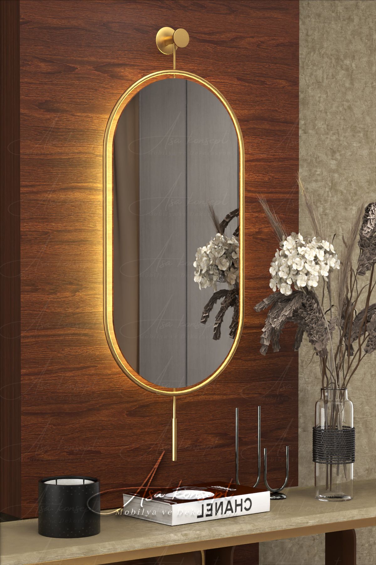 ASA KONSEPT Serenity Led'li Gold Dekoratif Antre Hol Koridor Duvar Salon Mutfak Banyo Wc Ofis Aynası
