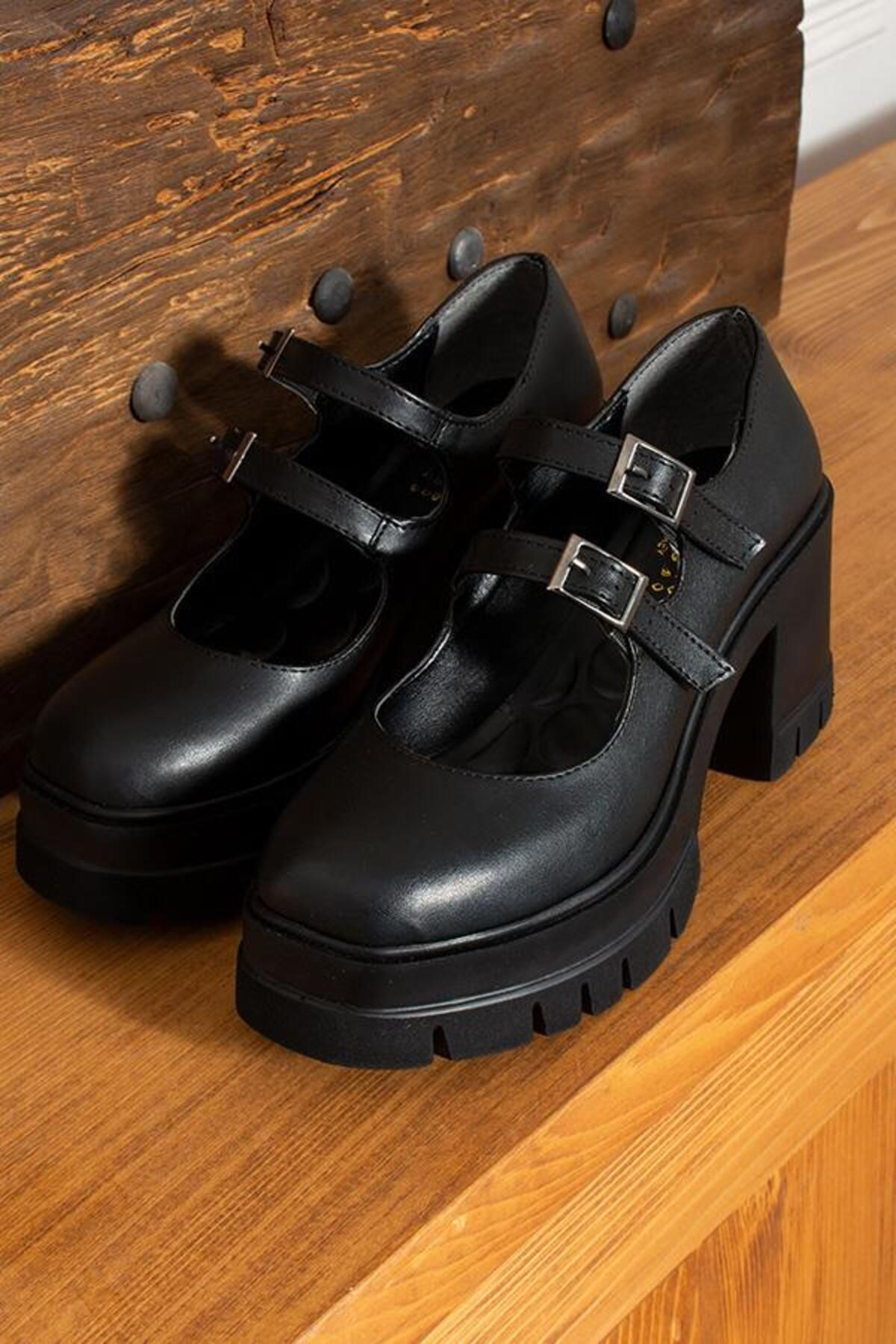 BeBeQ Store Nova Siyah Mat Çift Toka Platform Topuklu Kadın Ayakkabı