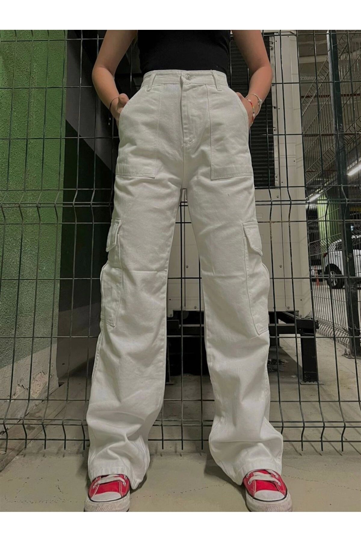Gofeel Y2k Beyaz Kargo Bol Paça Yazlık Jean Unisex Pantolon