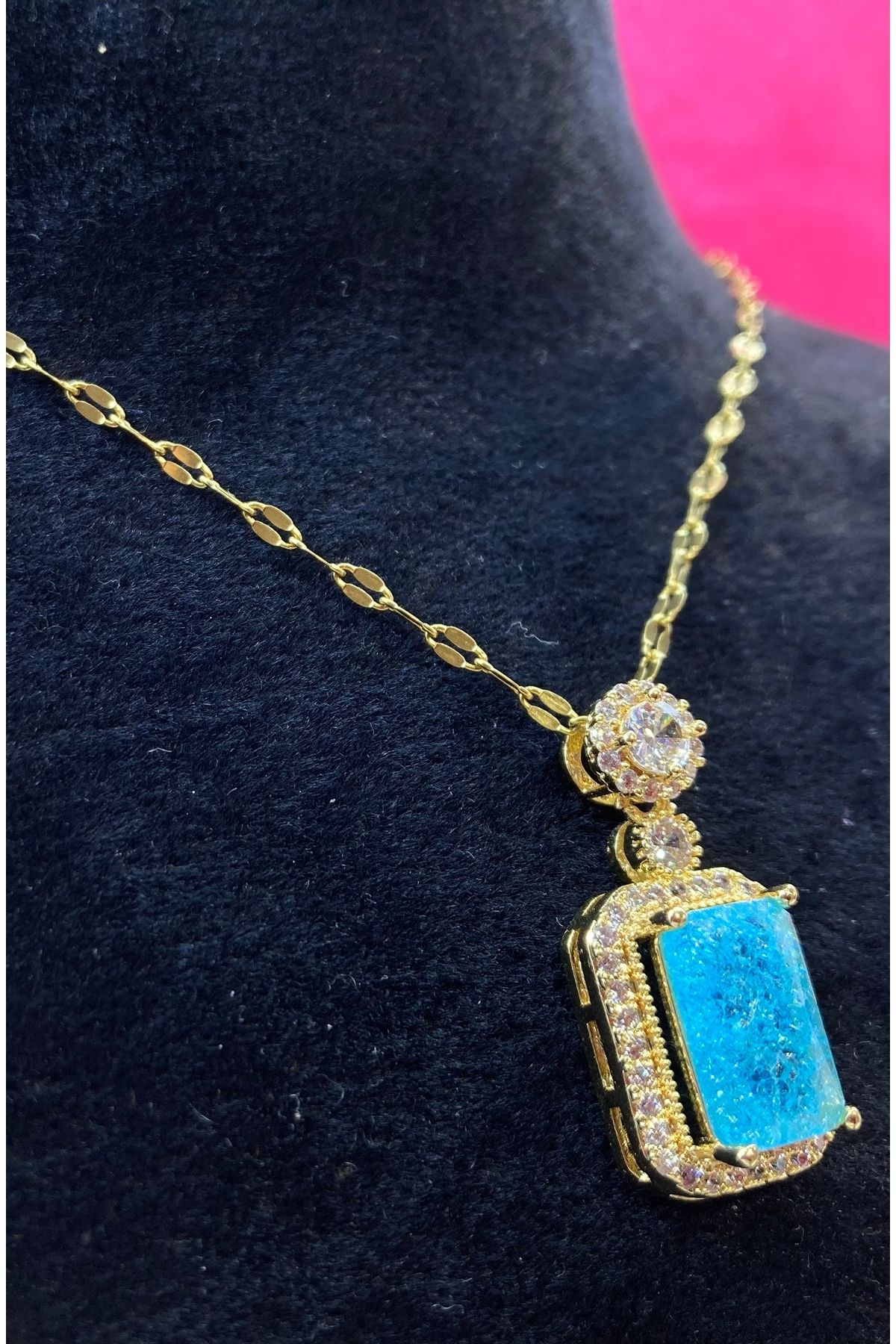 AskTaki Jewelry Anneler Günü Özel Mavi Taşlı Gold Kolye