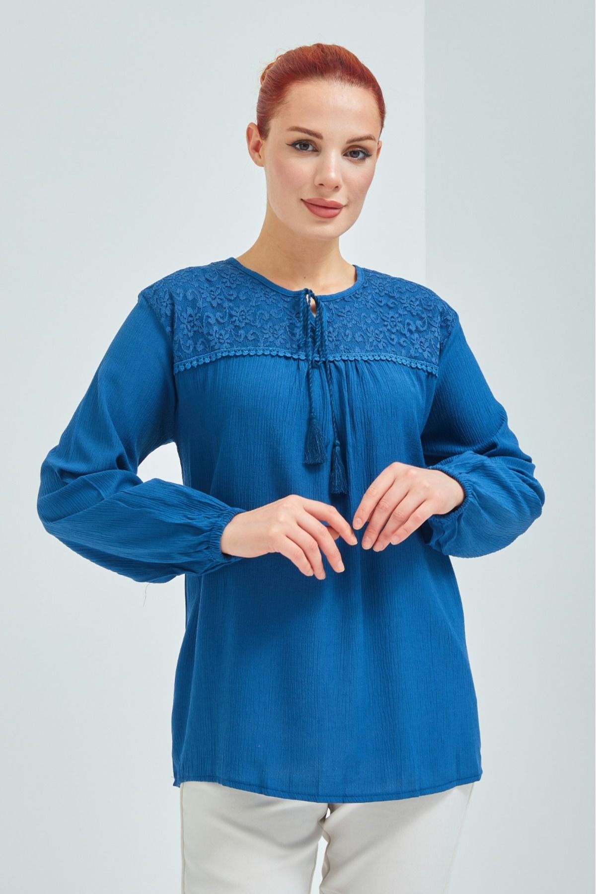 Stilmony Kadın İndigo Mavi Şile Bezi Yazlık Bluz