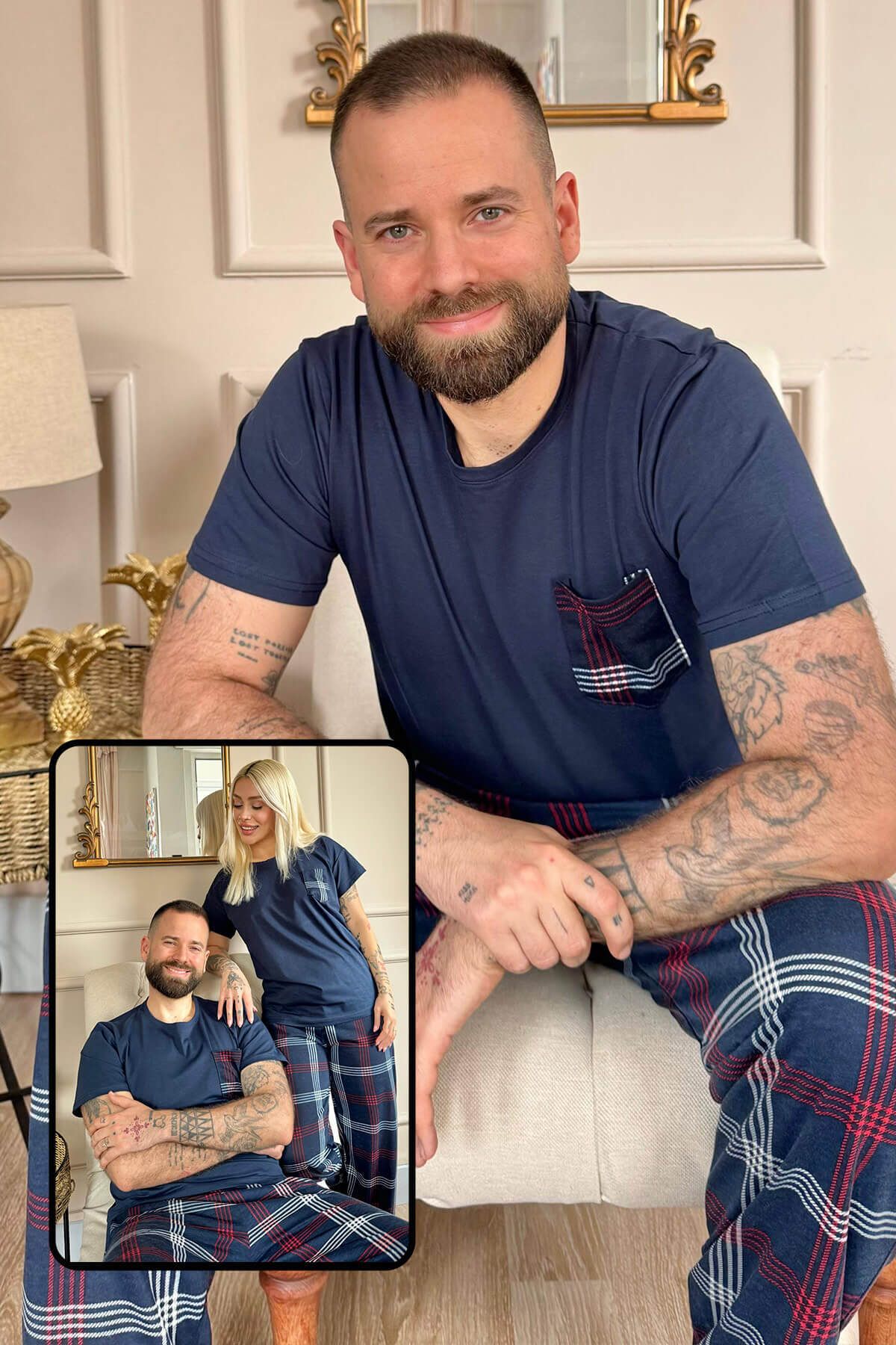 Pijamaevi Lacivert Cep Detay Kısa Kol Sevgili Aile Pijaması - Erkek Takımı