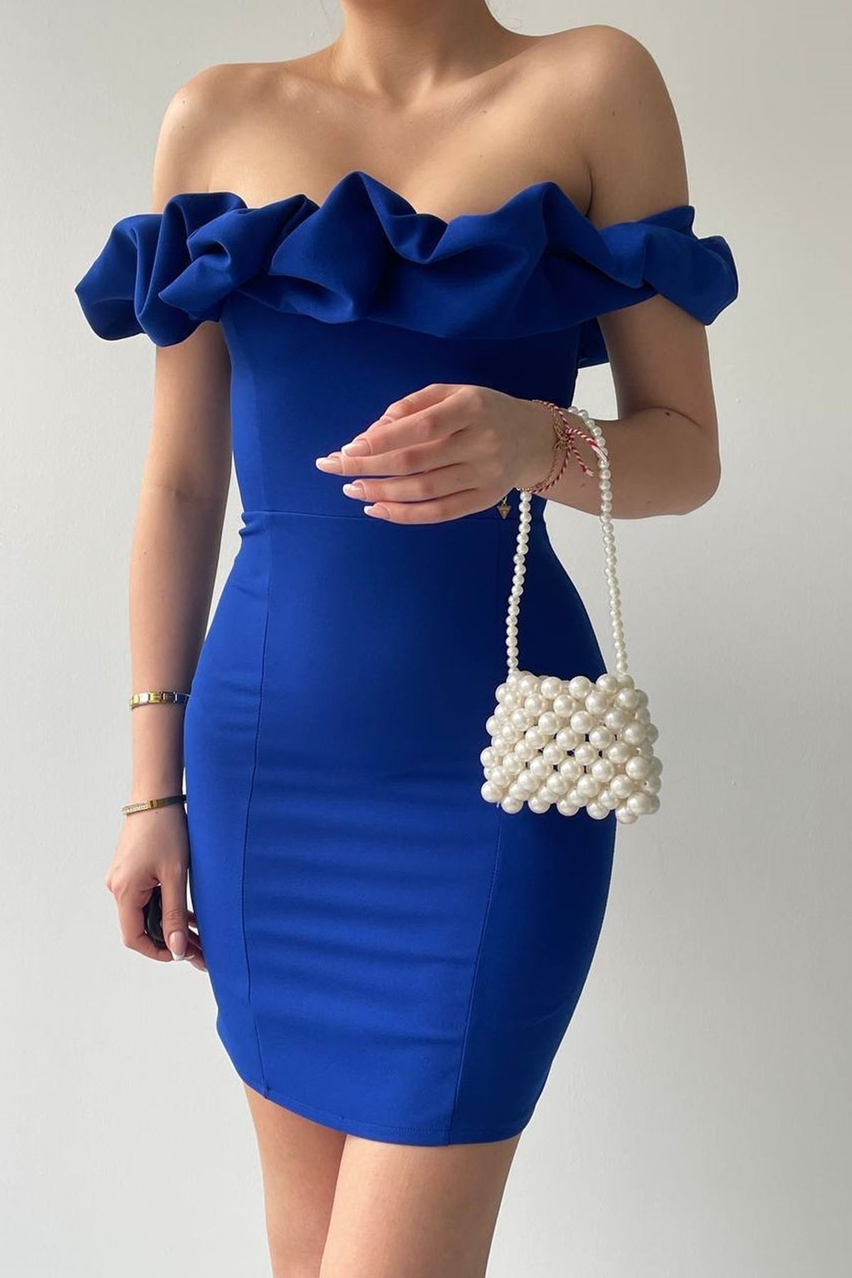 lovebox Kadın Atlas Kumaş Fırfırlı Yaka Tasarım Saks Mavi Mini Abiye Elbise 223