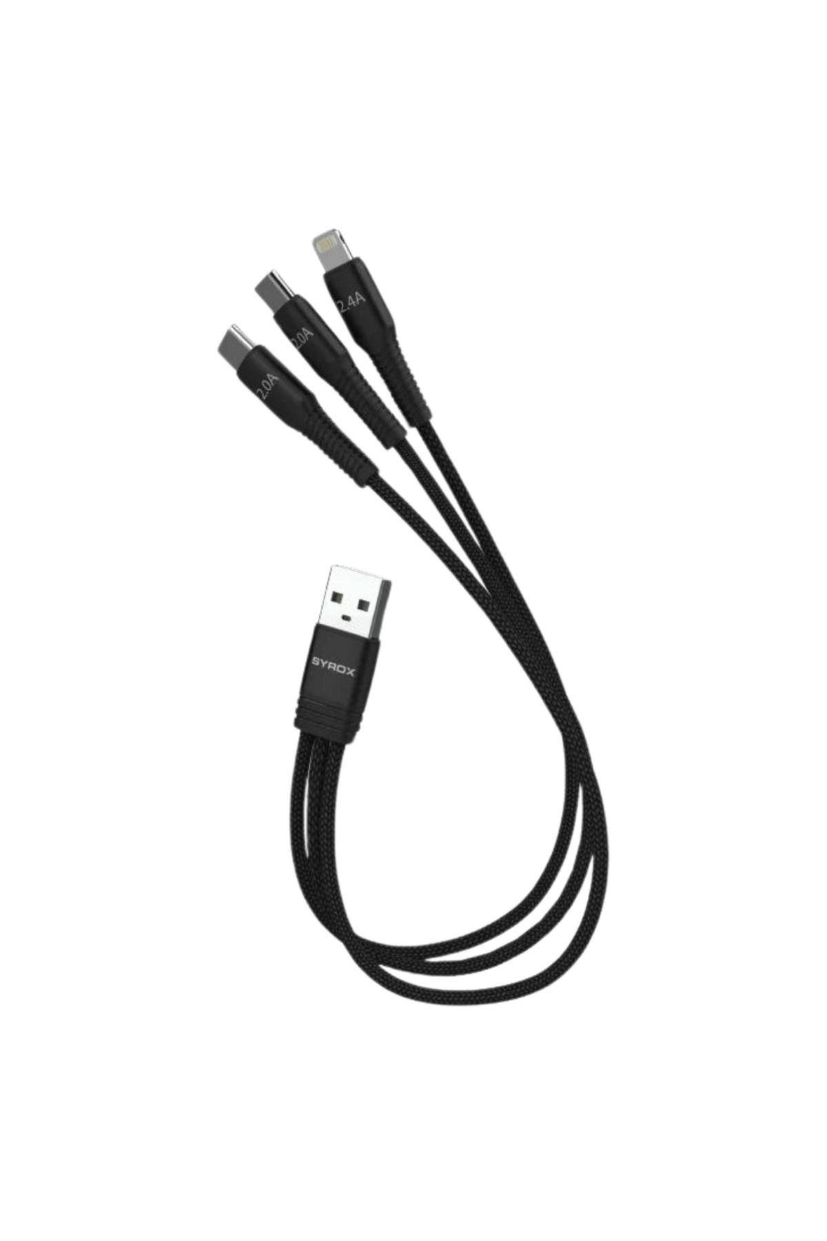 Syrox C144 2.4A 3 in 1 2 x Type-C 1 x Lightnıng İos & Data Kablosu Uyumlu Çoklu Şarj Kablosu