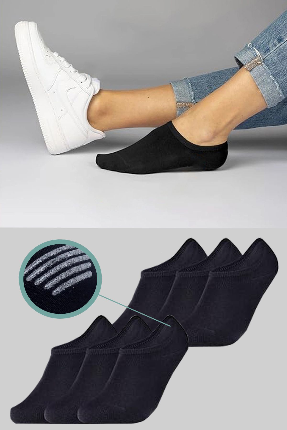 Lvari 6 Çift Pamuklu Dikişsiz Silikonlu Siyah Görünmez Çorap Kadın Çorap Erkek Çorap