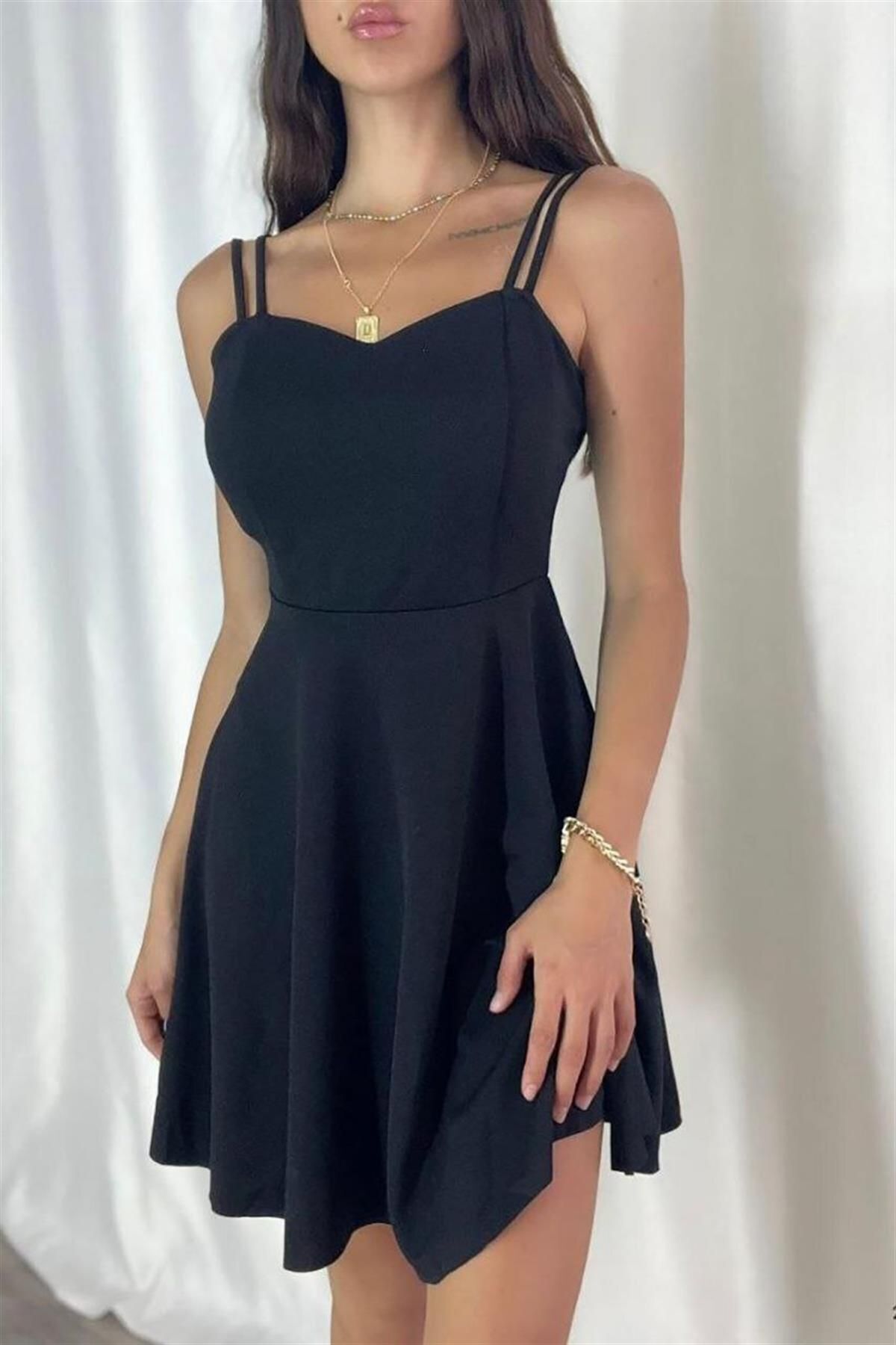 MODA DİNA Siyah Askılı Mini Kloş Elbise Mezuniyet Elbisesi, Doğum günü Elbisesi, Party Elbisesi