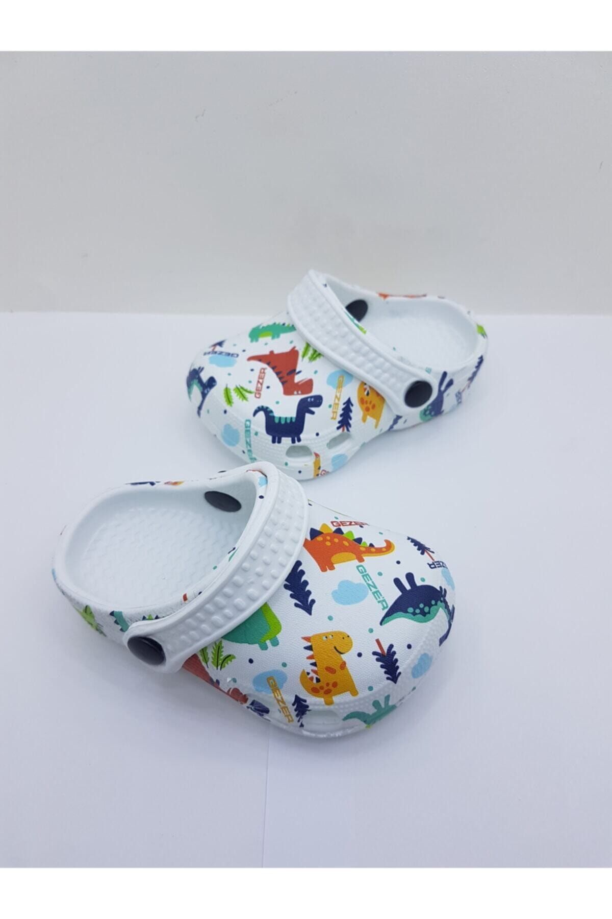 Gezer Unisex Bebek Beyaz Renkli Dinozor Desenli Sandalet Terlik