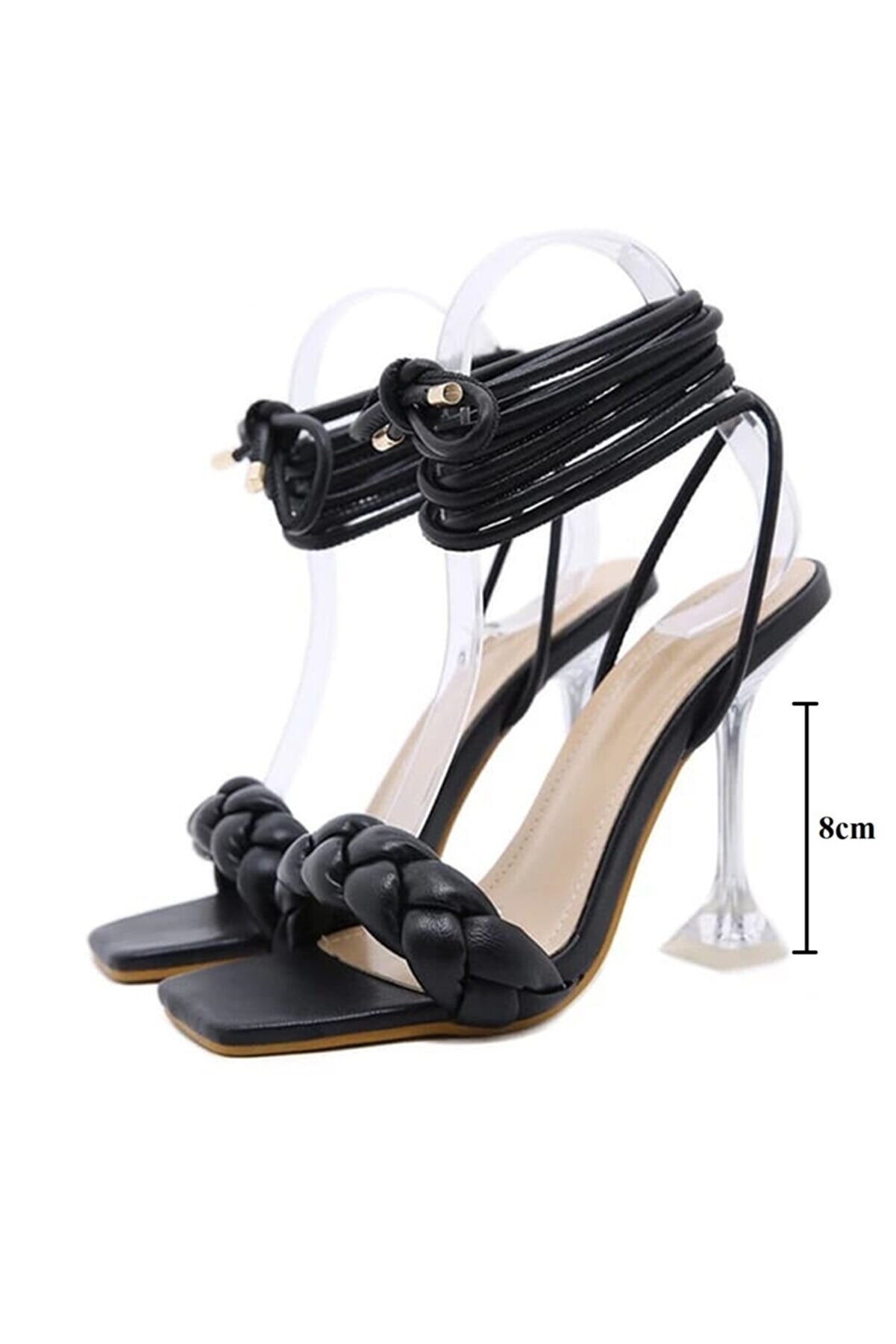 TrendyAnka Kadın Siyah Stiletto Örgü Ipli Şeffaf Topuklu Küt Kare Burunlu Ayakkabı Sandalet Terlik