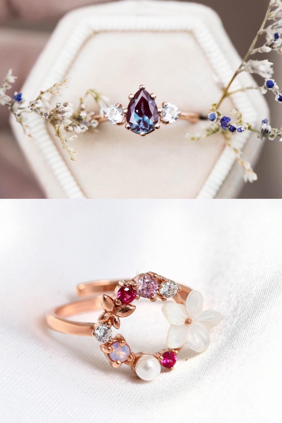 Sahira Jewelry Mistik Topaz Ve Orkide Yüzük 2li Set 14 K Rose Altın Kaplama Yüzük