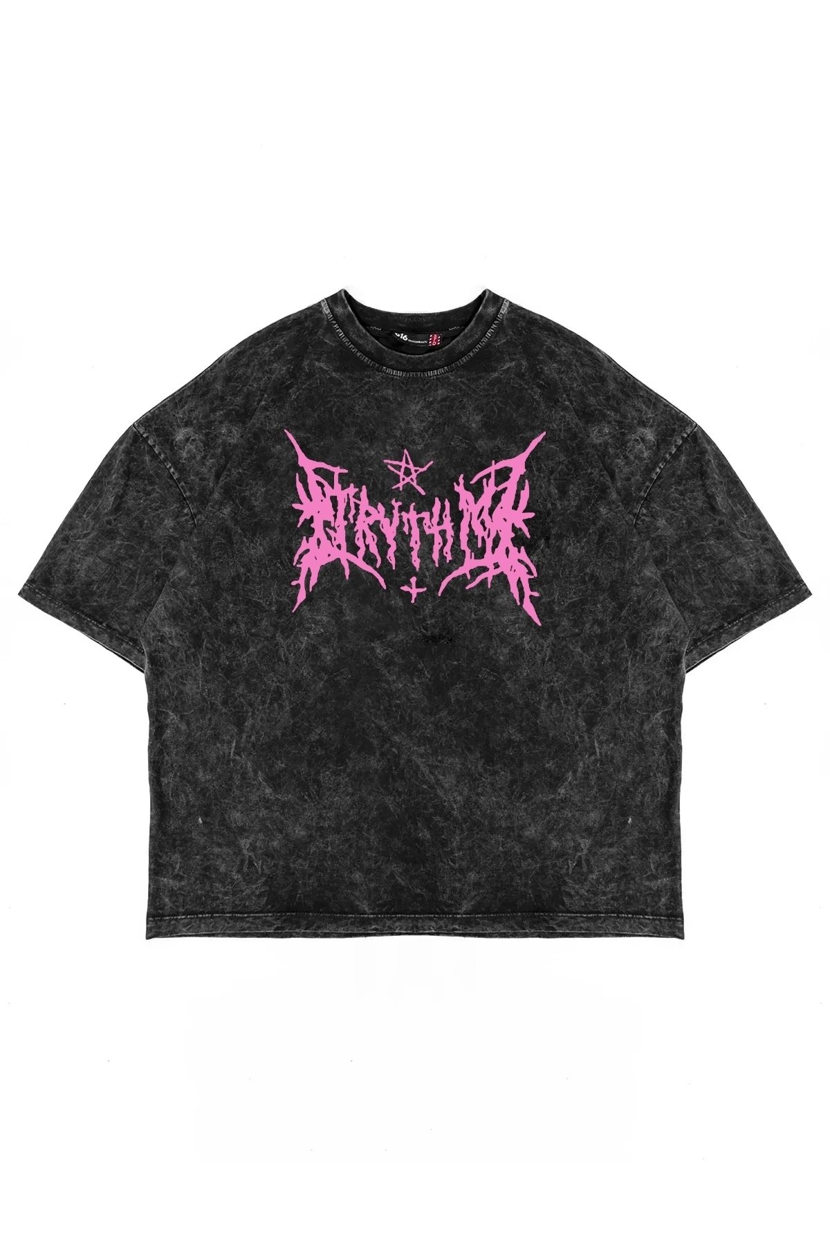 Sekizbiraltı Pink Gotik Baskılı Oversize Unisex Yıkamalı Siyah Tshirt
