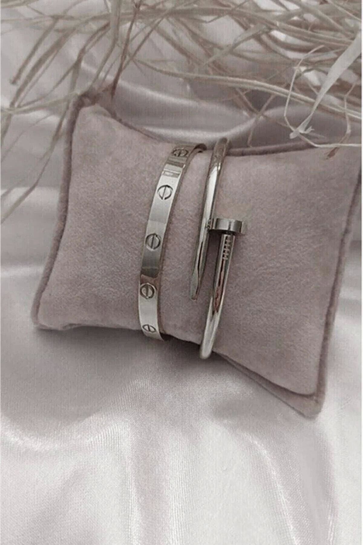 BERS AKSESUAR Çivi Ve Cartier Çelik Bileklik Set Gümüş Renk
