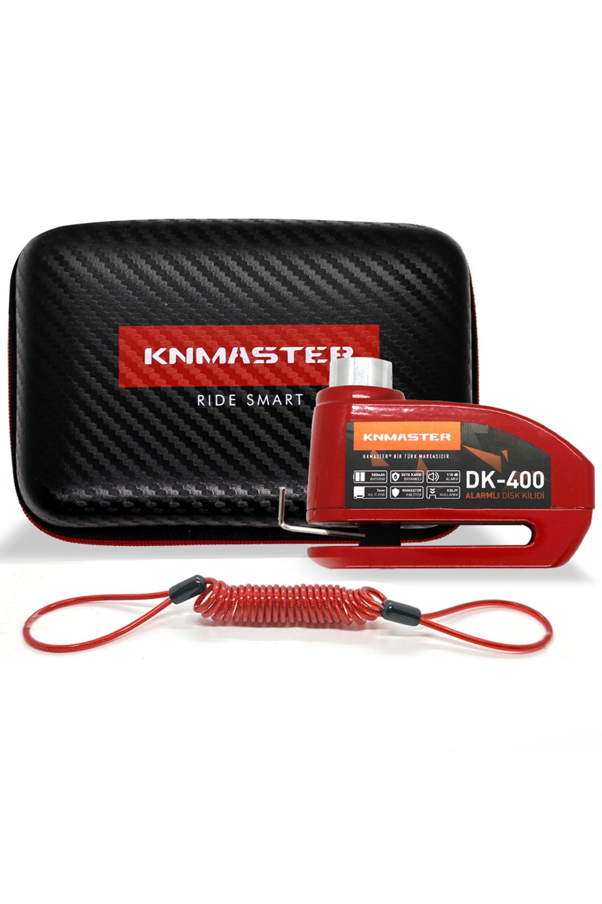 Knmaster Disk Kilidi Dk-400 7mm Alarmlı Hatılatma Kablosu Ve Çanta Hediyeli ( Kırmızı )