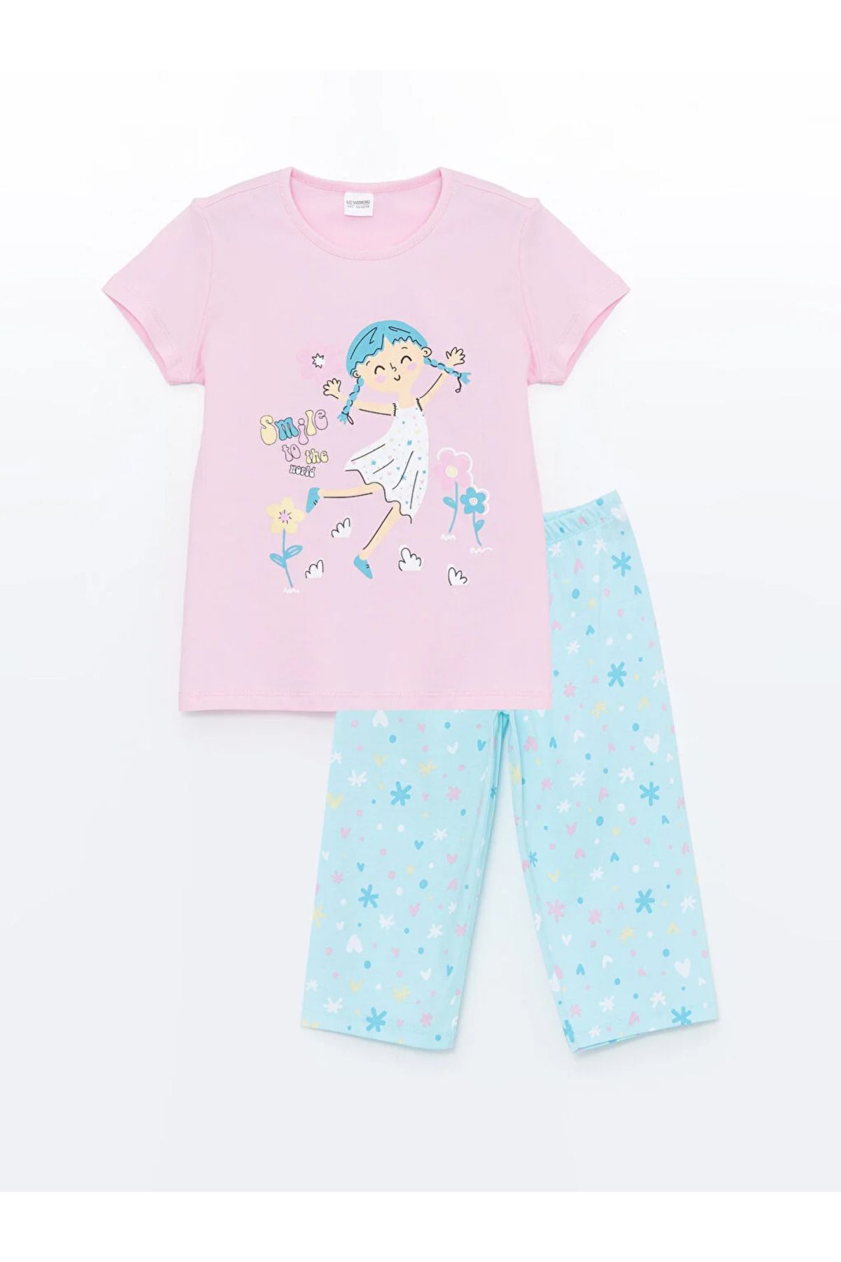 LC Waikiki LCW DREAM Bisiklet Yaka Baskılı Kısa Kollu Kız Çocuk Pijama Takımı