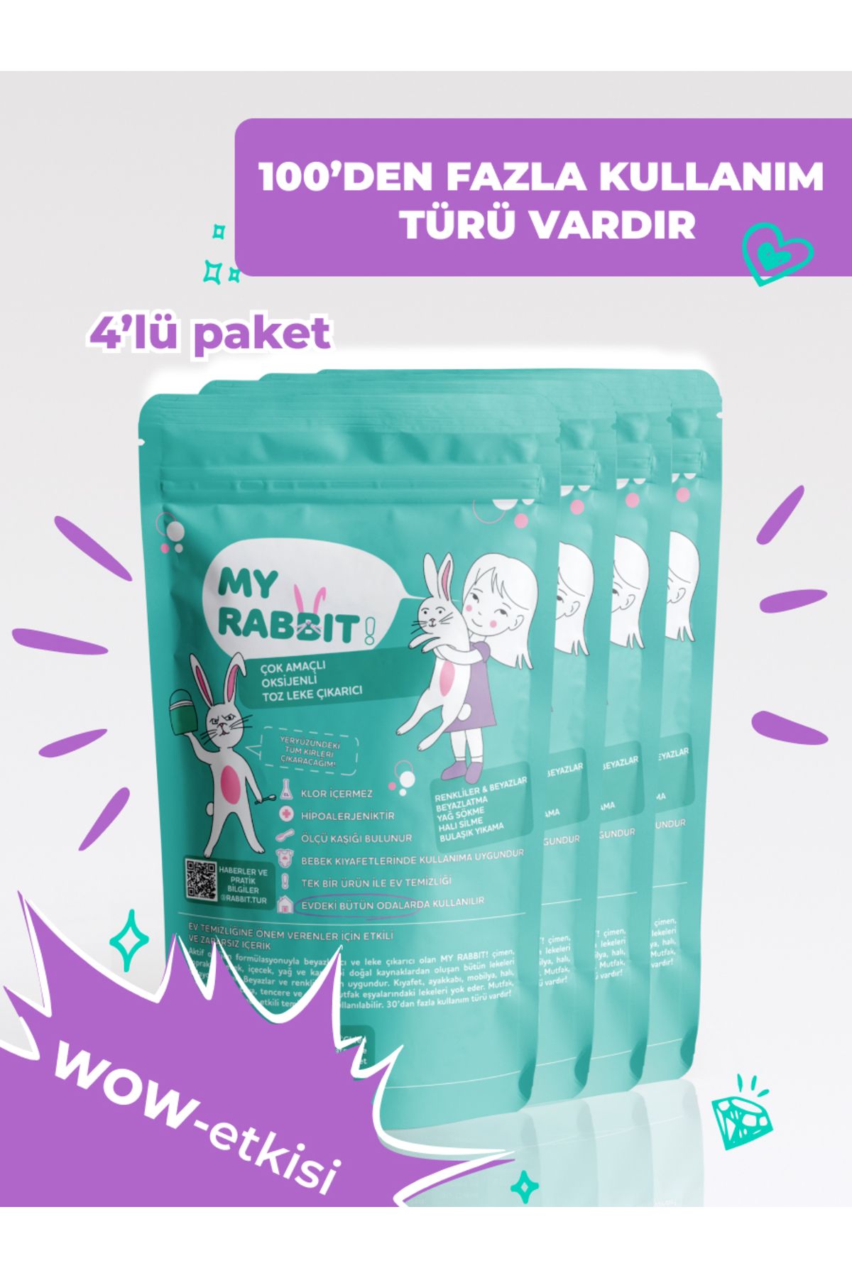 My Rabbit Çamaşır Ve Yüzey Için Çok Amaçlı Oksijenli Toz Leke Çıkarıcı ve beyazlatıcı 4'lü Paket 4 X 800 gr
