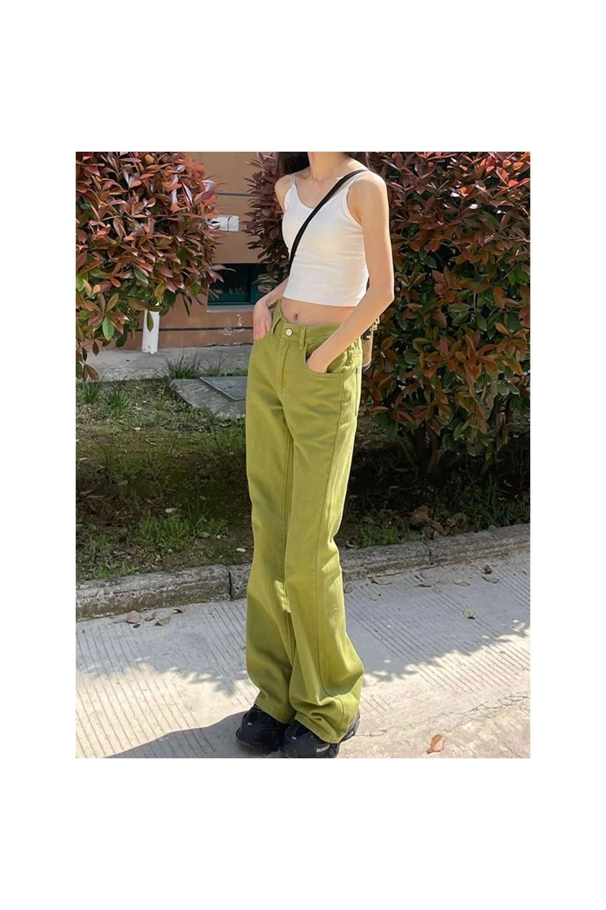 Gofeel Yeşil Kot Y2k Yüksek Bel Denim Pantolon Bol Sokak Giyim Tasarımı Vintage Geniş Bacak Düz Gevşek
