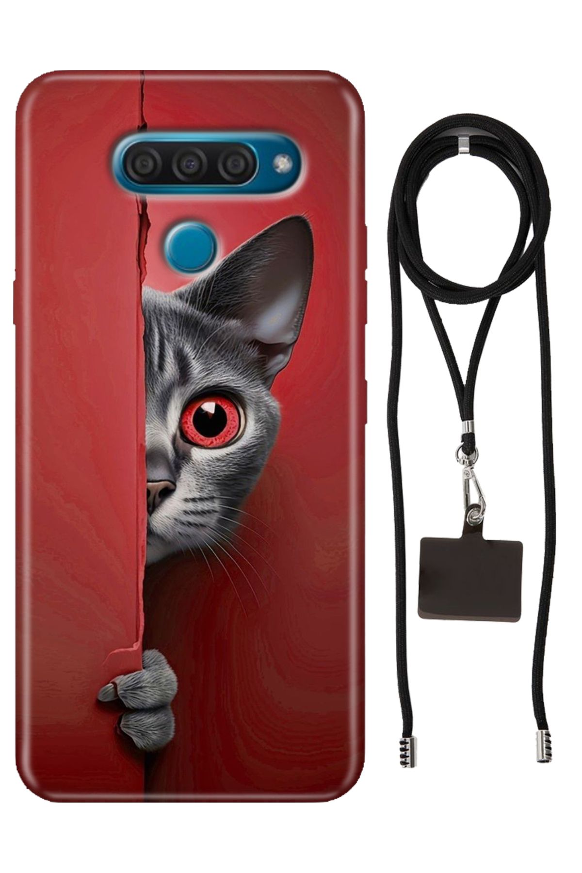 LG Q60 Kılıf Red Cat Desenli Silikon İpli Boyun Askı Aparatı