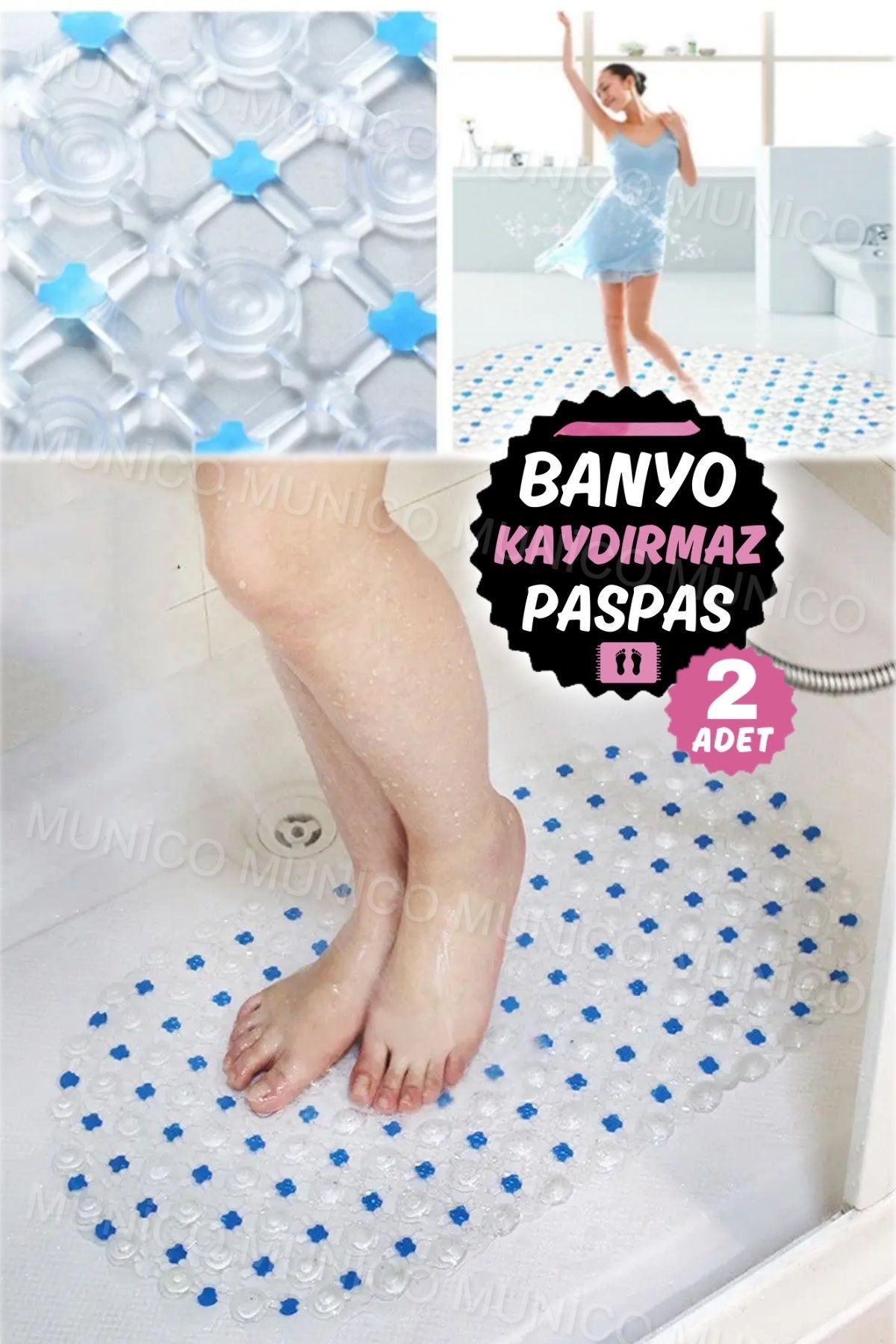 Munico 2 Adet Yaşlılara Uygun Şeffaf Paspası Kaymaz Banyo paspası Banyo Tedarik PVC Küvet Paspası Vantuz