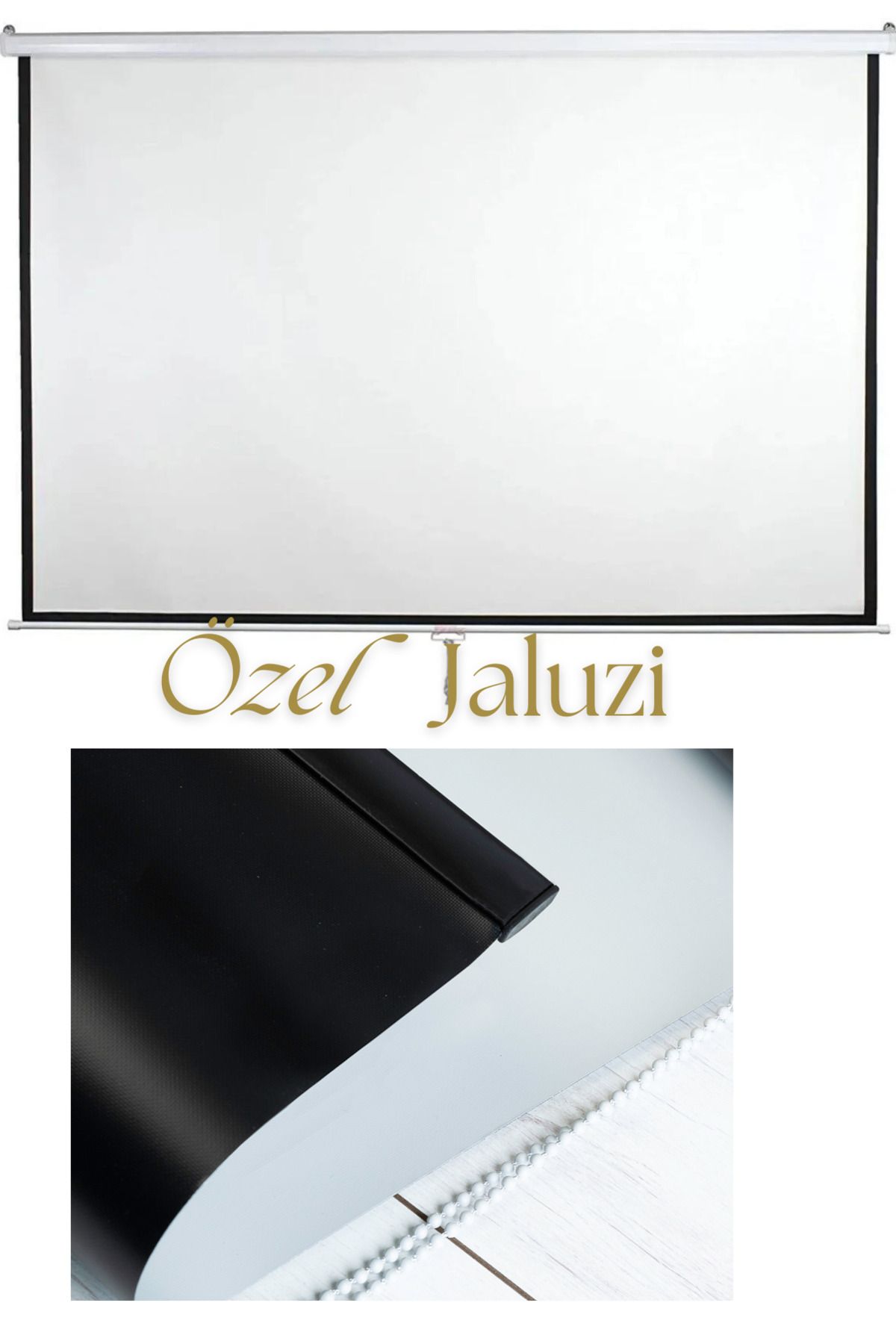 Özel Jaluzi 150x 150 Cm Storlu Manuel Zincirli Beyaz Kumaş Projeksiyon Perdesi (ARKASI SİYAH FONLU)