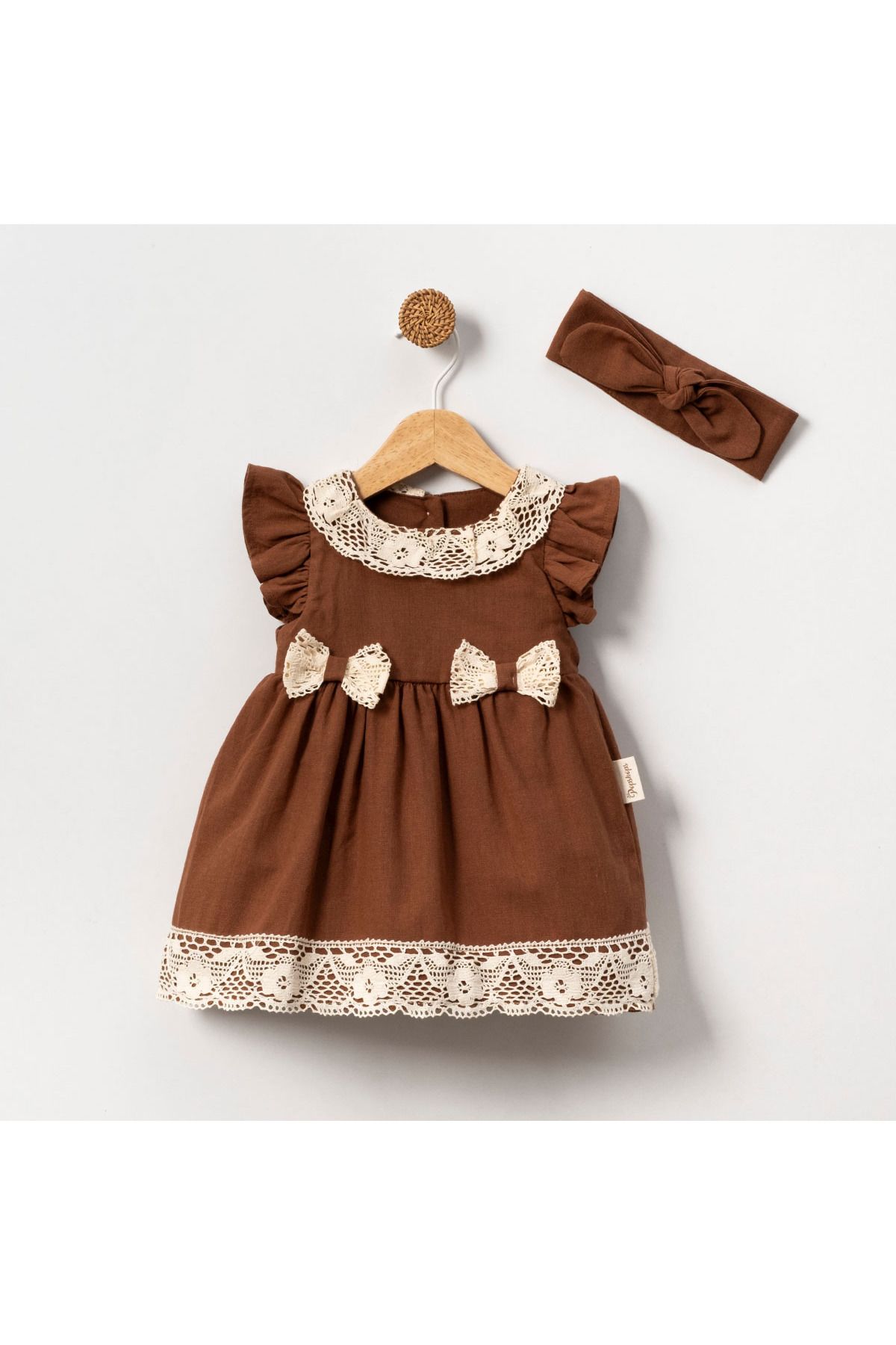 DIDuStore Vintage Dantel Yaka Detaylı Kız Bebek Elbise ve Bandı Seti