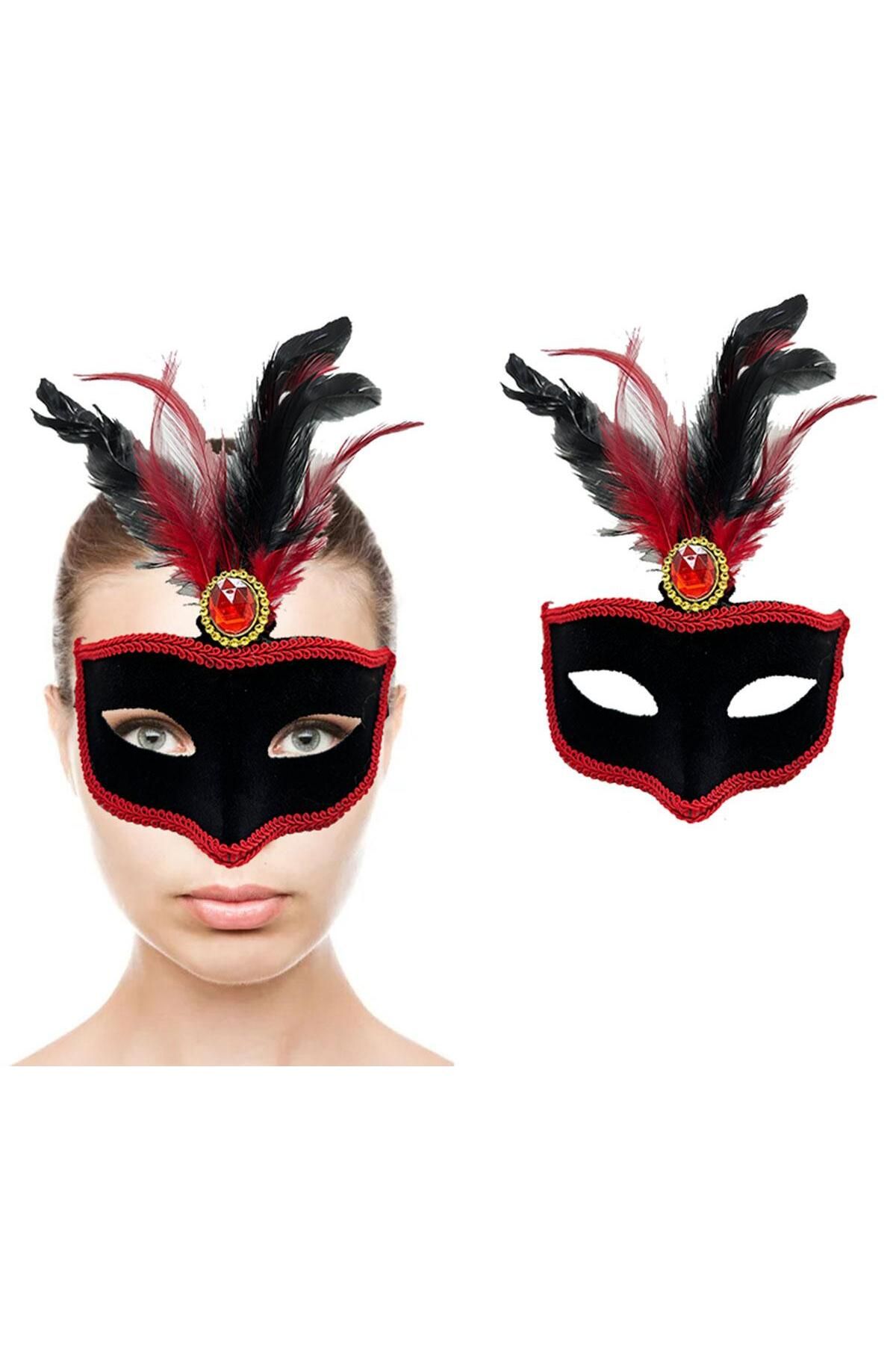 acakir Kırmızı Dantelli Siyah Kırmızı Tüylü Siyah Süet Kaplama Parti Maskesi 17x25 cm