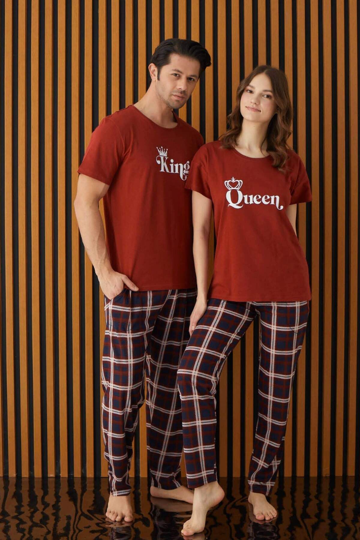 Meba Erkek!!!! Kırmızı Ekose Desen Alt Uzun Çeyizlik Sevgili Çift Pijama Takımı -4