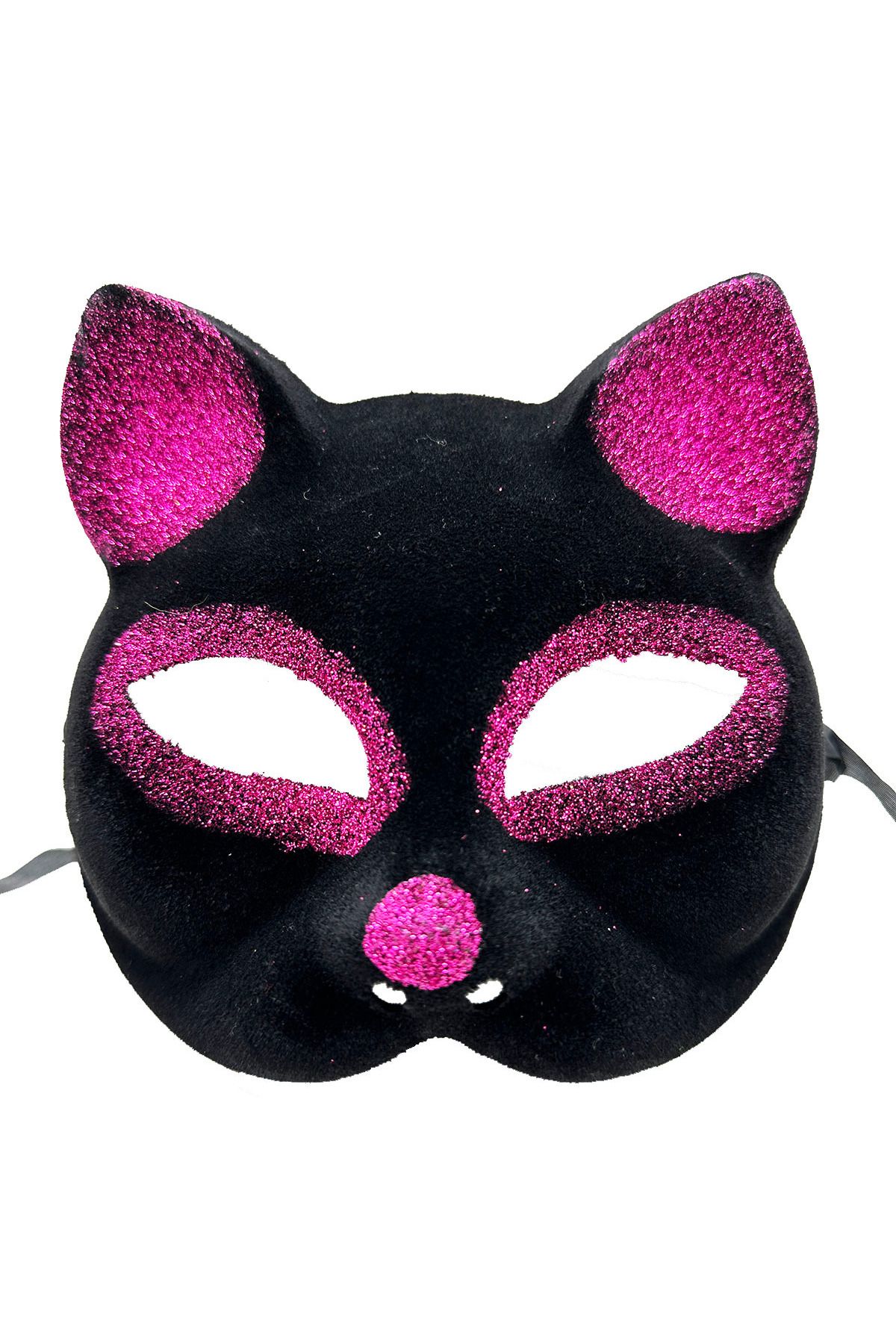 Genel Markalar Siyah Renk Fuşya Simli Süet Kaplama Kedi Maskesi 18x14 cm