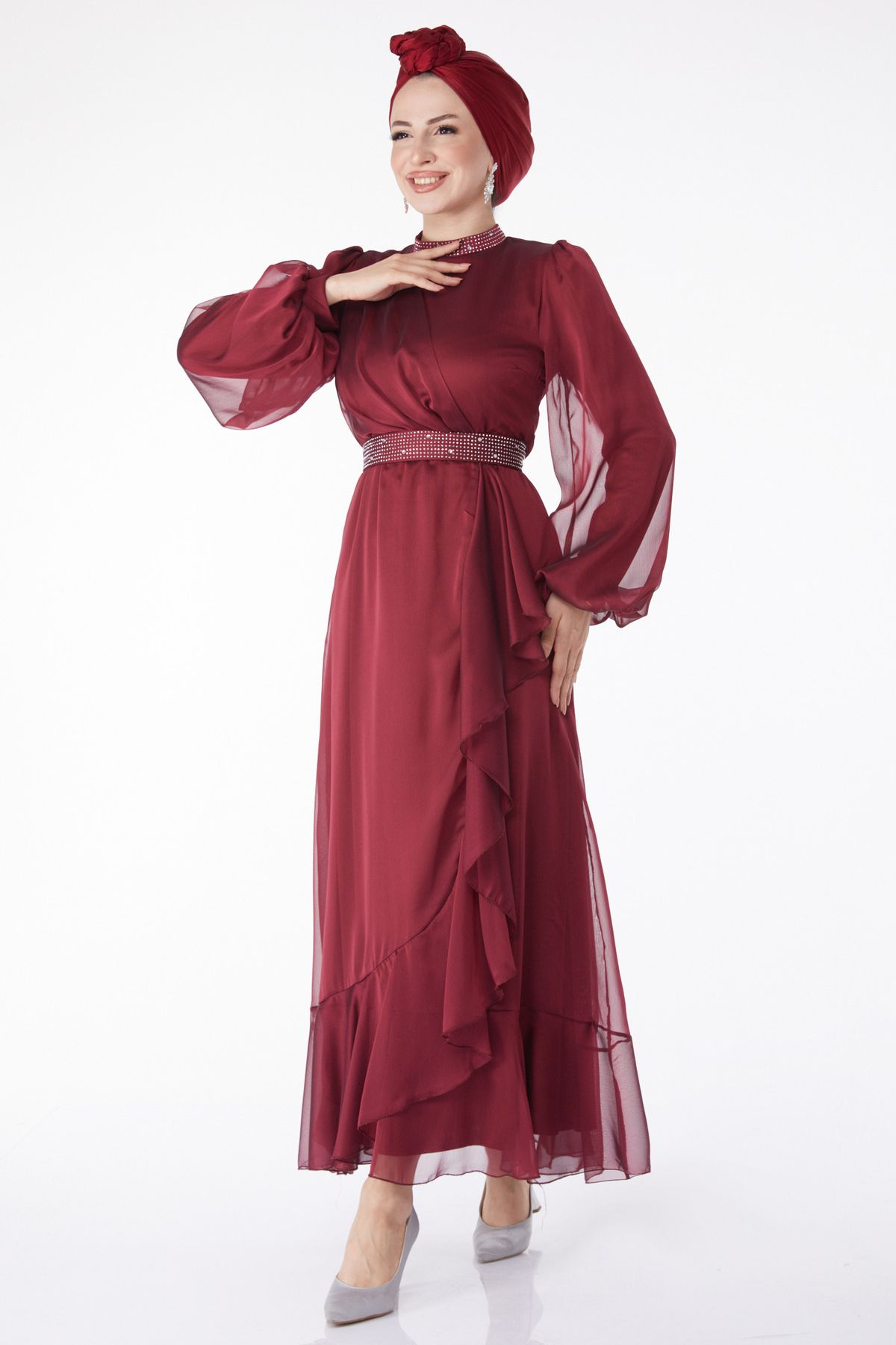 TOFİSA Düz Hakim Yaka Kadın Bordo Taş Detaylı Abiye Elbise - 25129