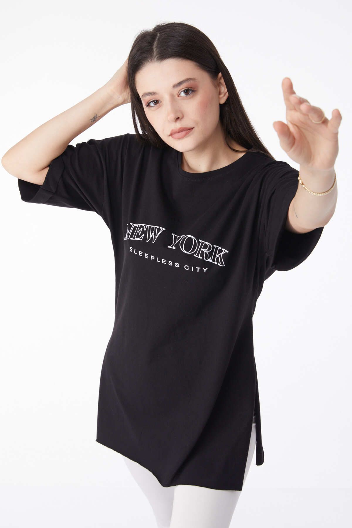 TOFİSA Düz Bisiklet Yaka Kadın Siyah Kısa Kollu Baskılı T-shirt - 25138