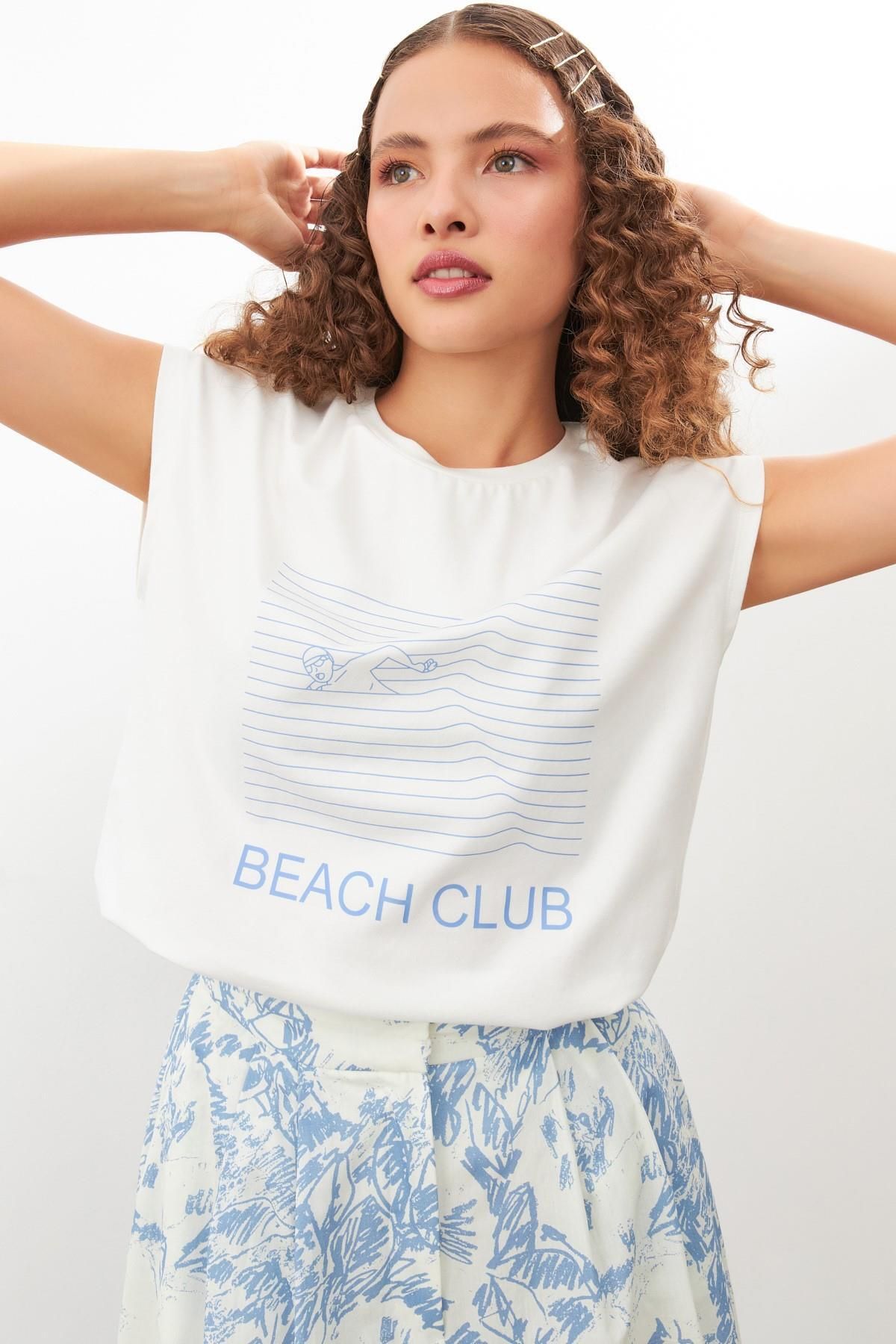 Setre Ekru Beach Club Baskılı T-Shirt